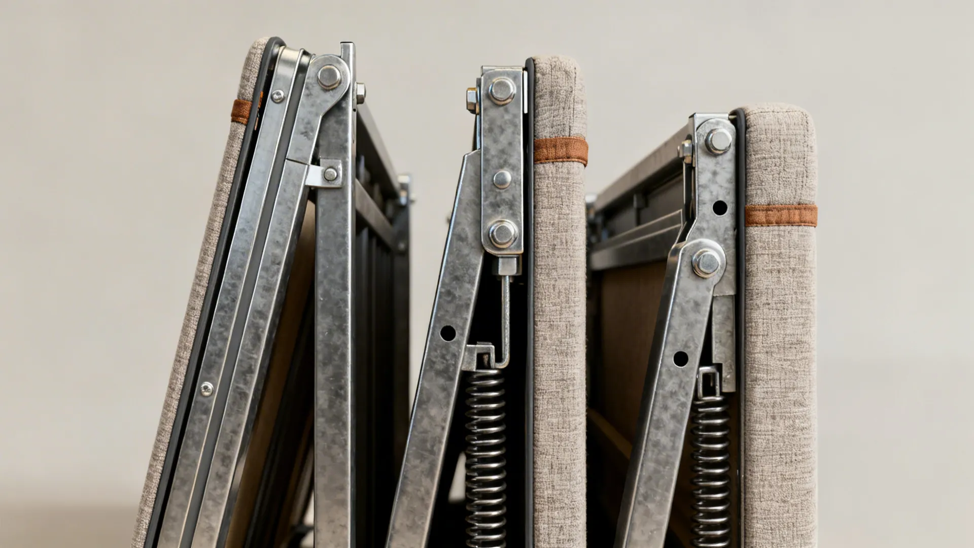Close up of metal hinges and springs for folding sofa bed with beige fabric parts