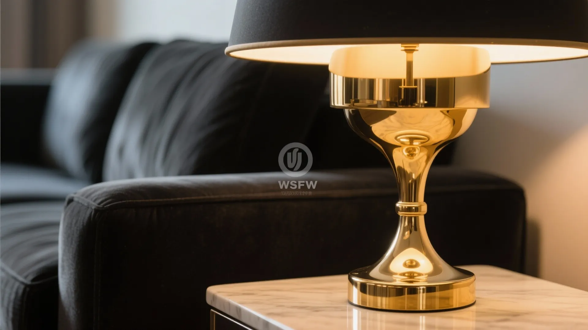 Brass lamp next to a black sofa