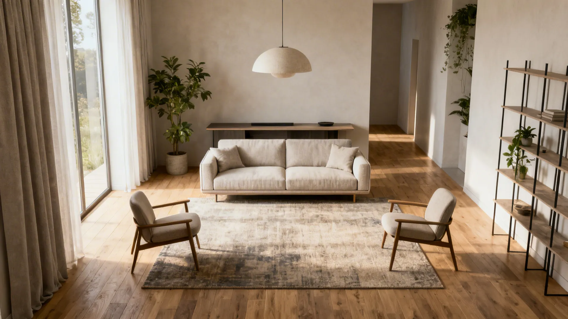 Living room featuring beige sofa and two chairs on rug with window and wall shelves