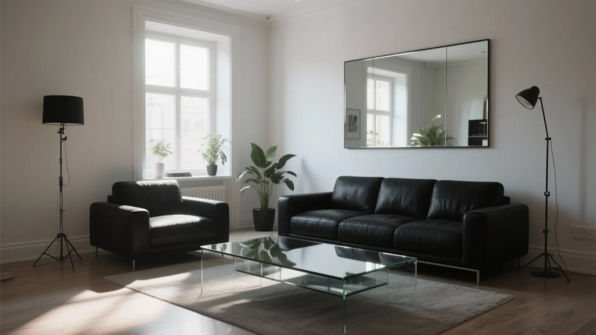 Studio living area with a black sofa, large mirror and glass coffee table bouncing daylight.