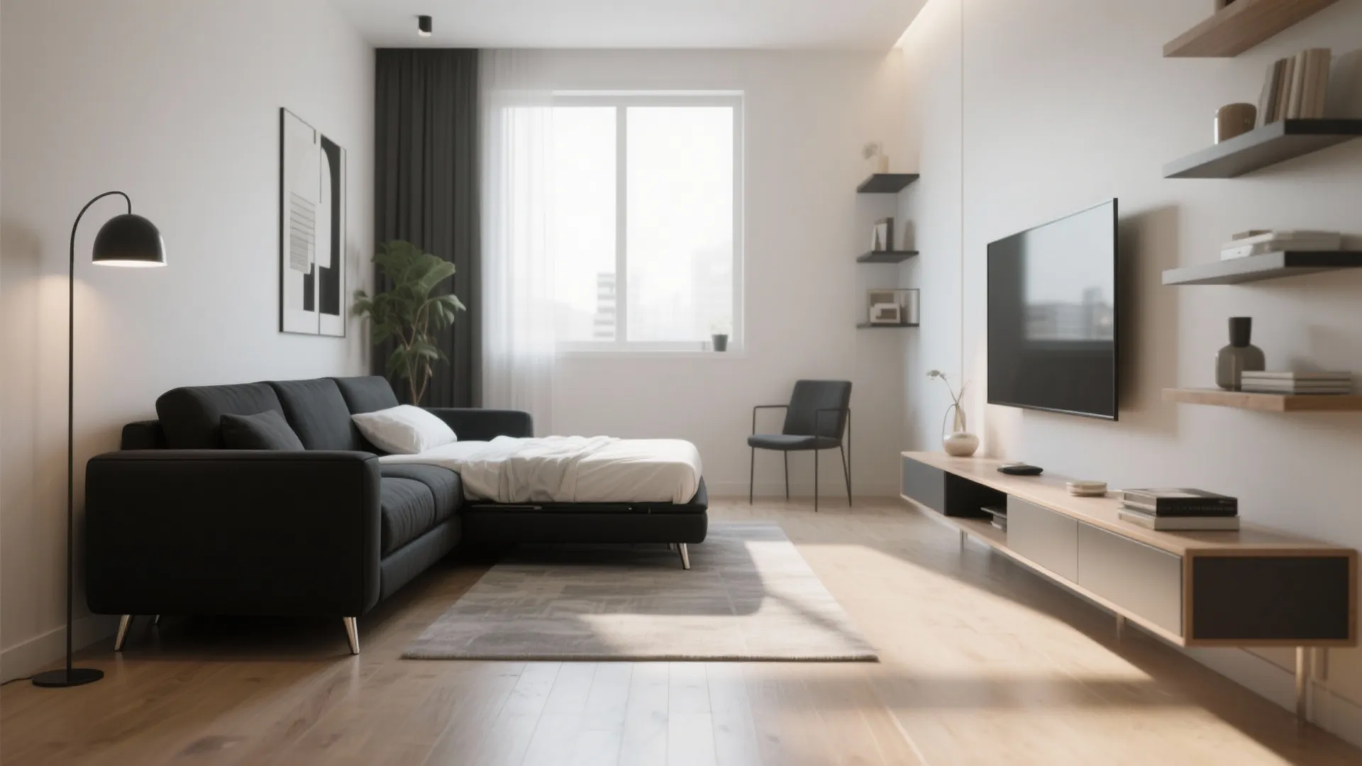 Small living room with a slim black sofa on raised legs, narrow console and floating shelves, showing multi-functional layout.