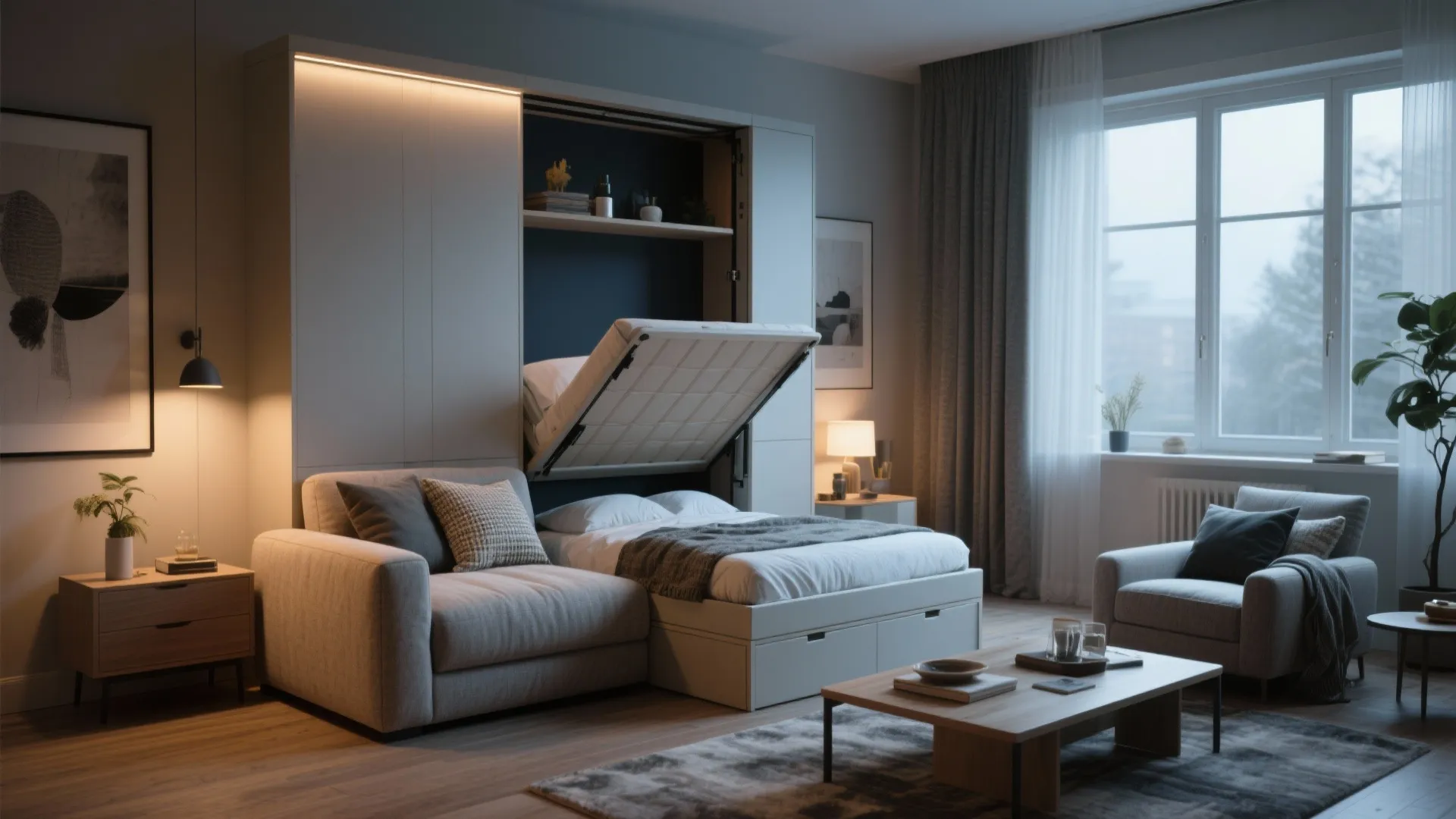 Living room with a wall bed folding out over a grey sofa near a large window