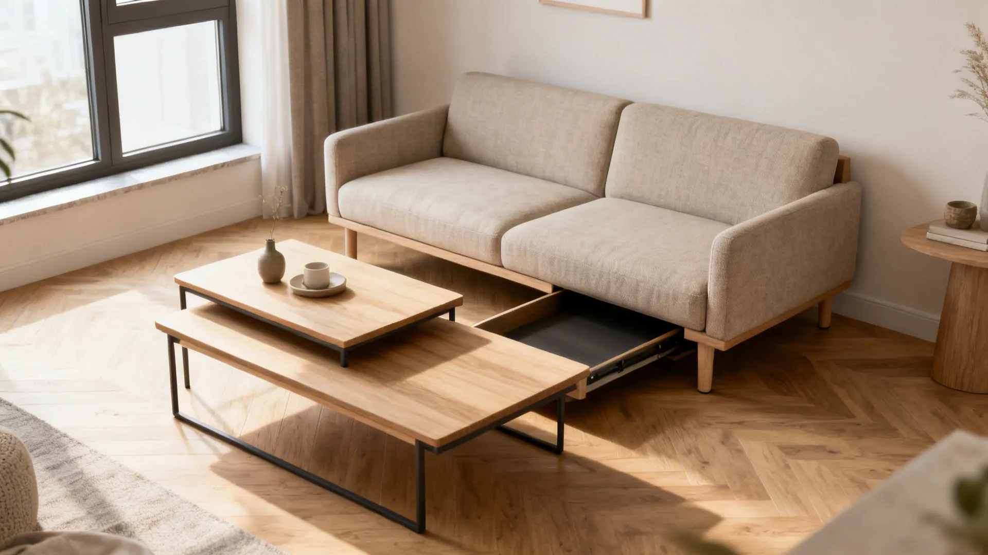 Slim two-seater sofa with nested coffee tables in a compact living room, showing one table pulled out.