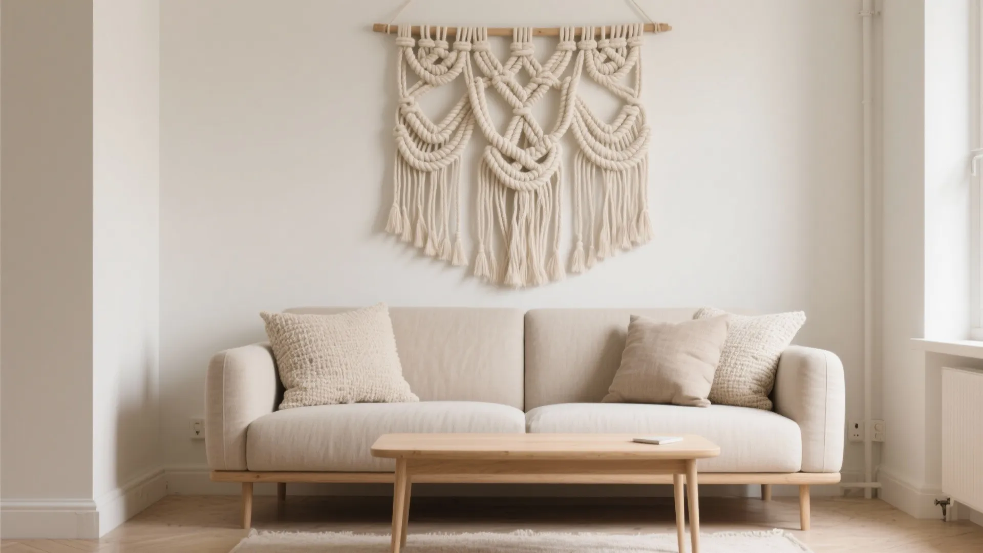 Minimalist Neutral Macrame Above the Sofa