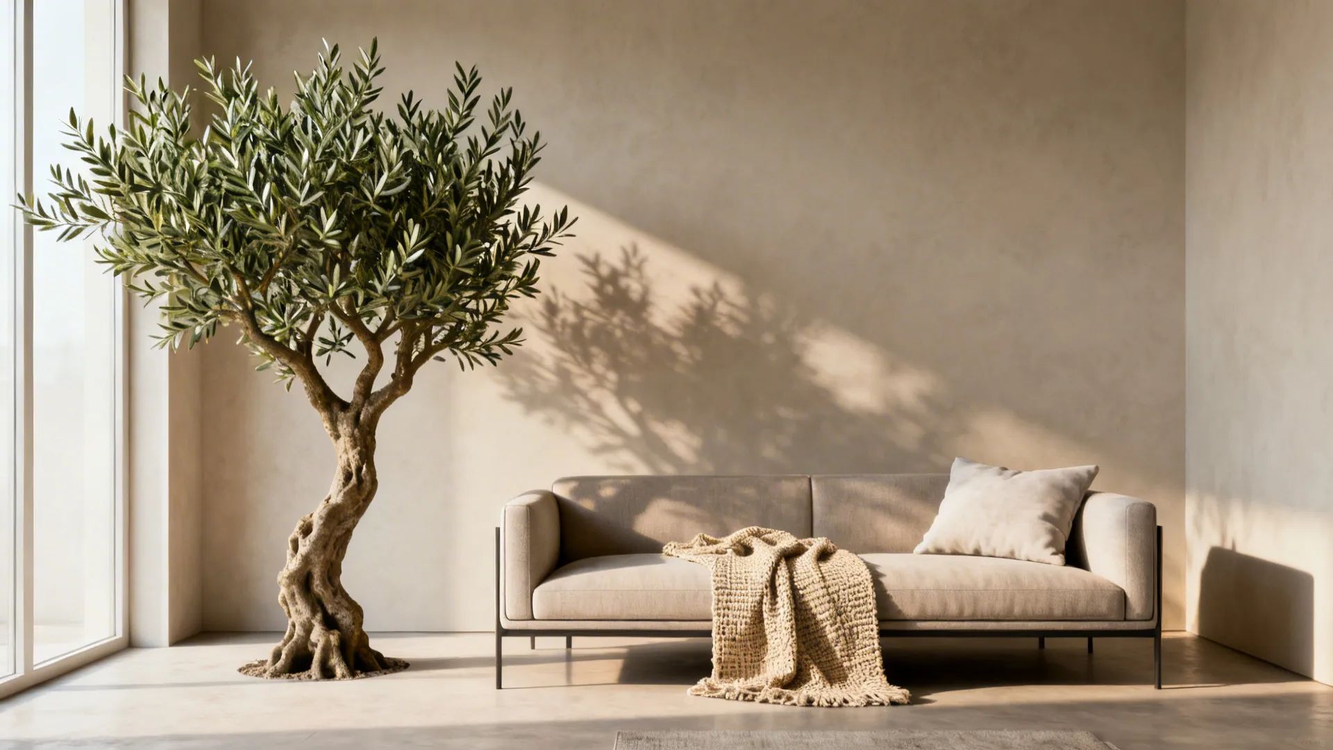 Modern living room featuring a beige sofa with throw blanket and a large indoor tree