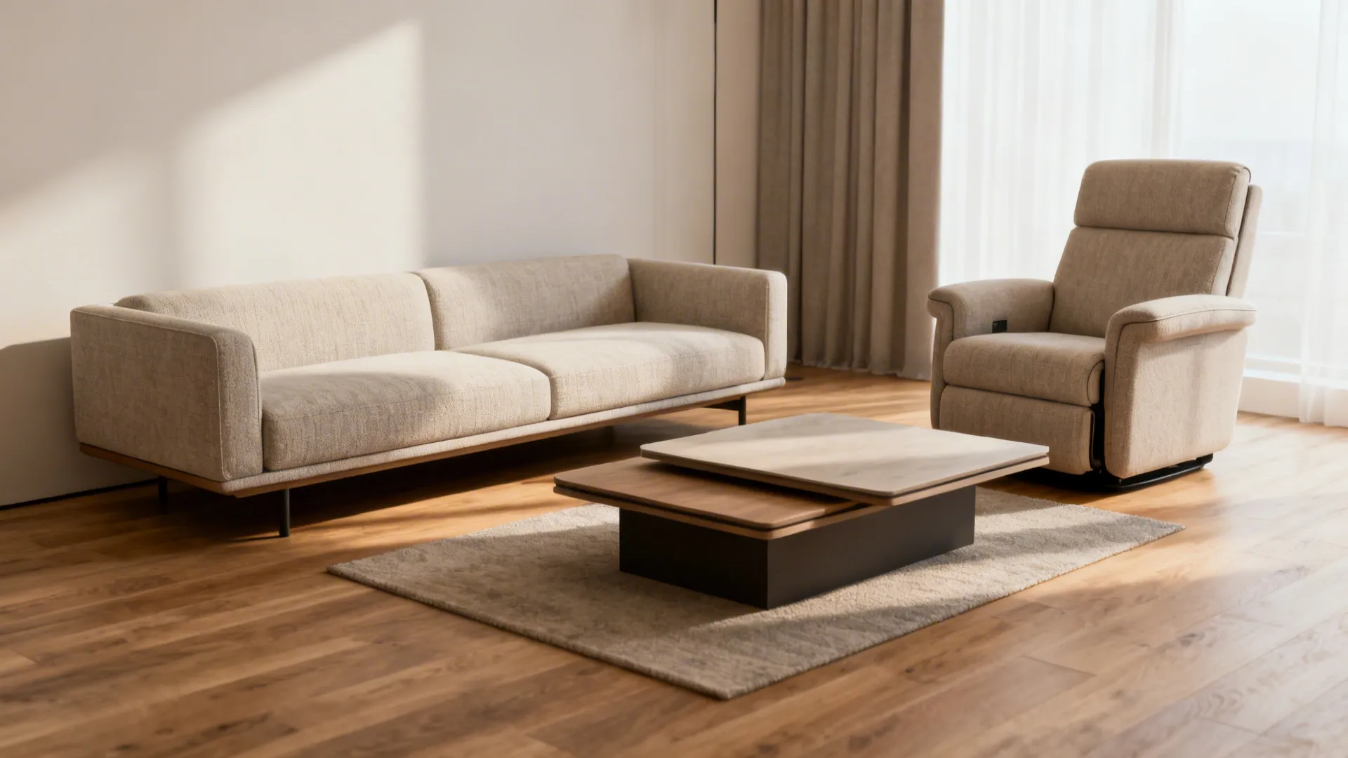 Compact living room with a low-profile loveseat and one recliner, nesting tables on a small rug