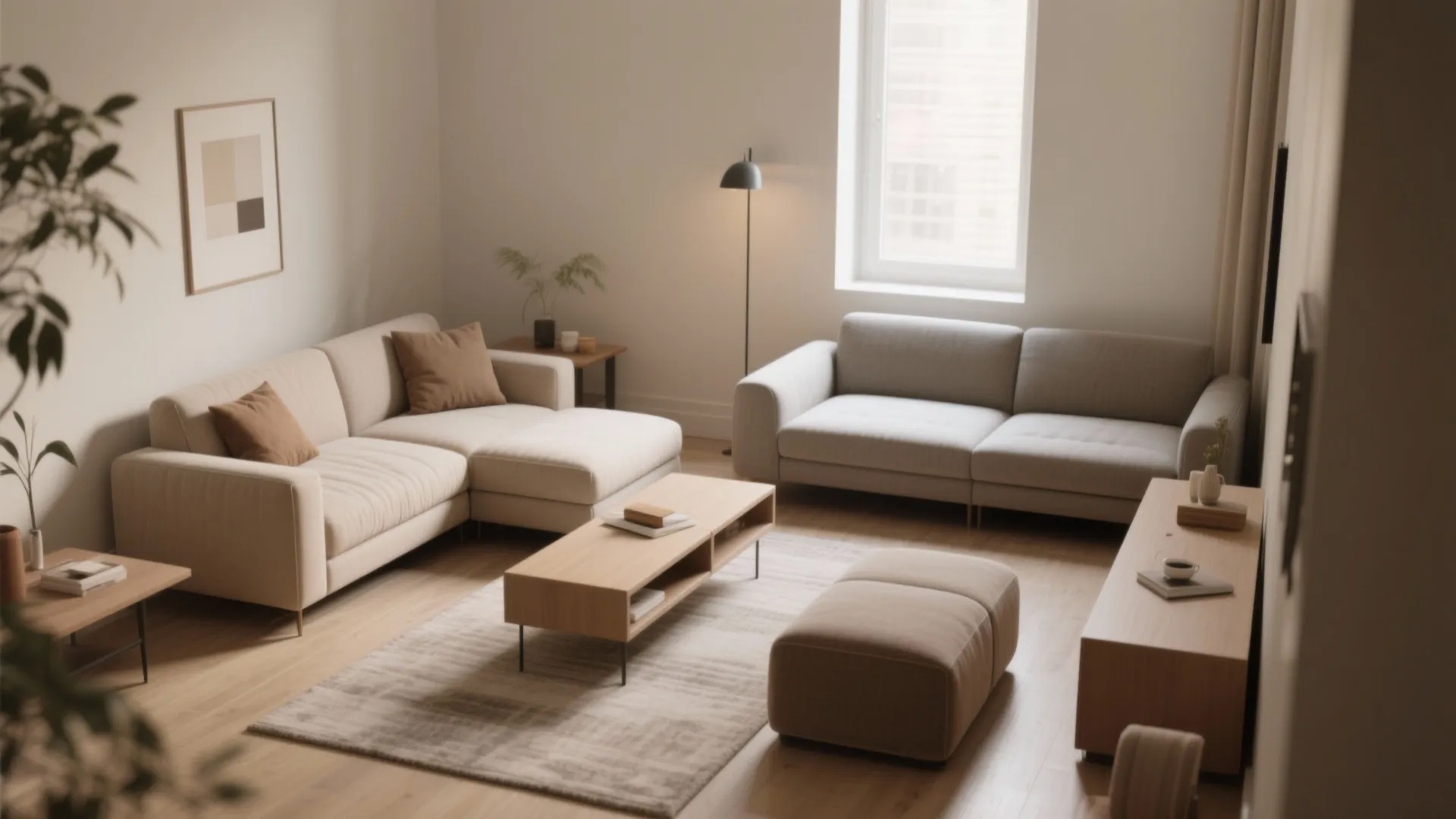 Modern minimal living room with beige sofas wooden coffee table floor lamp and natural light
