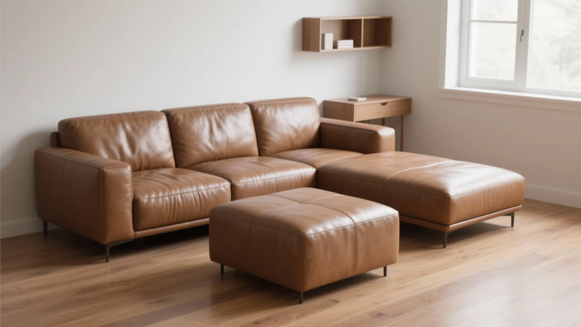 Large brown leather sofa with matching footrest in a bright room with light wood floors