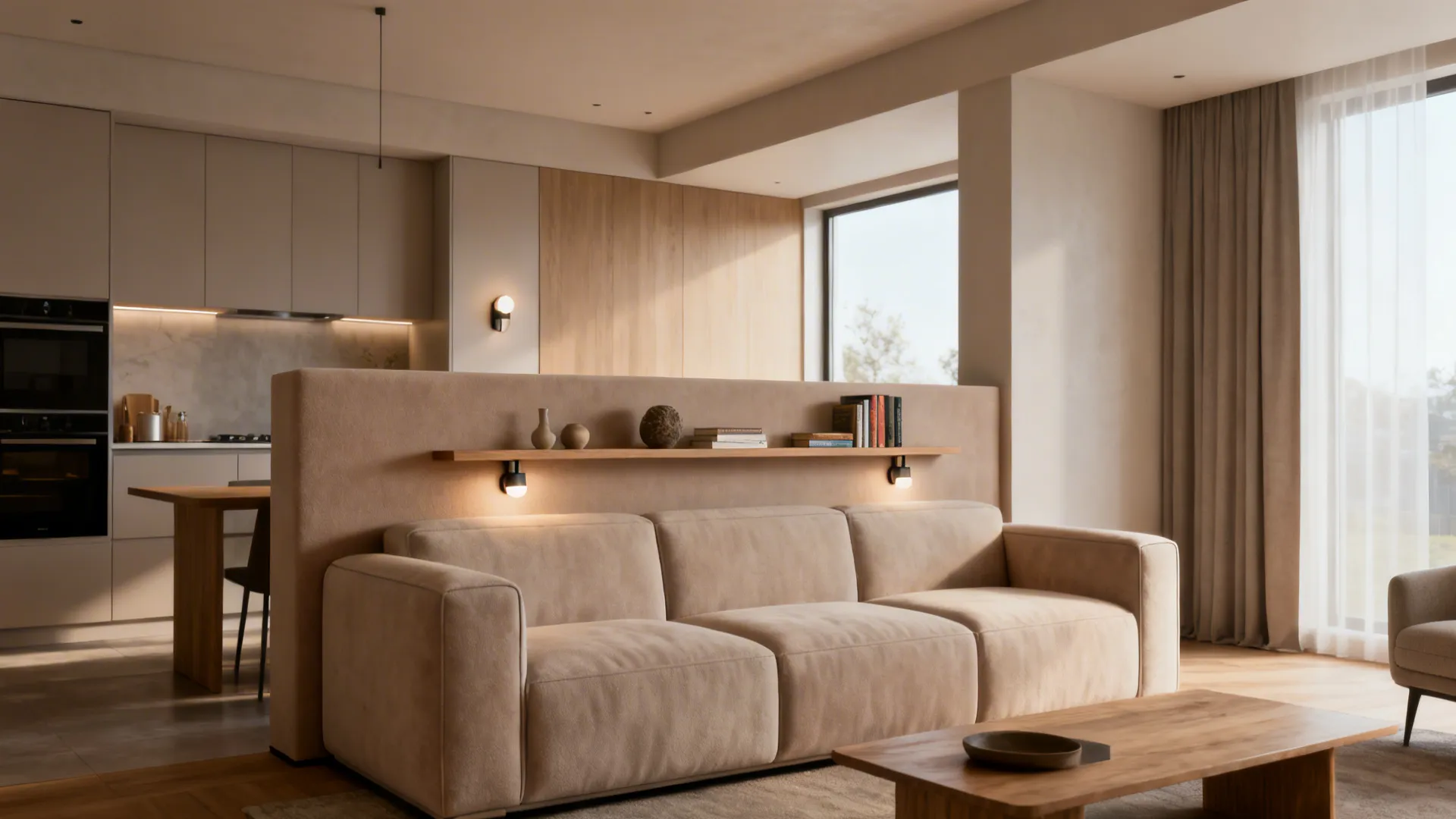 Sofa used as a partition with a narrow shelf and sconces on the reverse side dividing living and kitchen areas