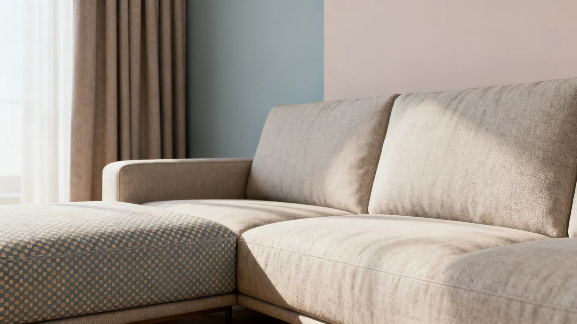 Subtle two-tone pattern on chaise side of an L-shaped sofa with a simple curtain and accent wall.