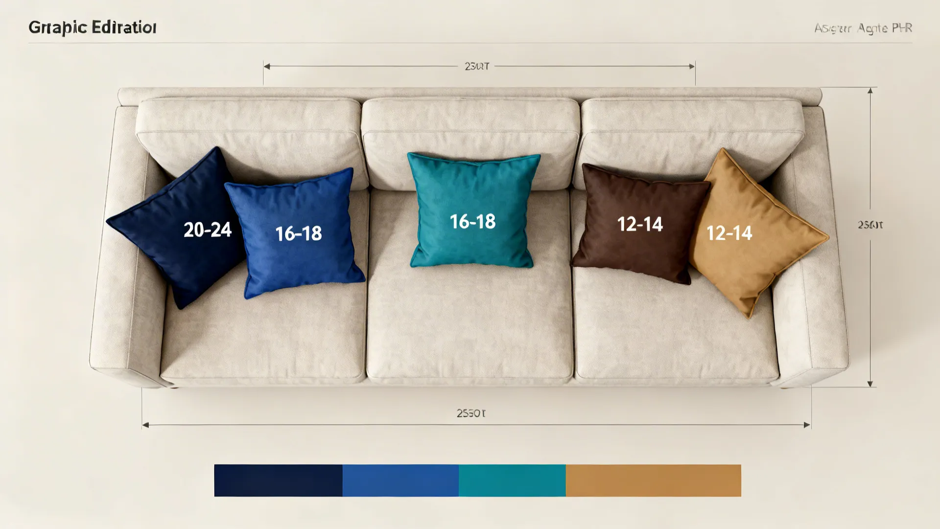 Top-down sofa diagram showing ideal pillow sizes and placement with blue and brown color blocks.