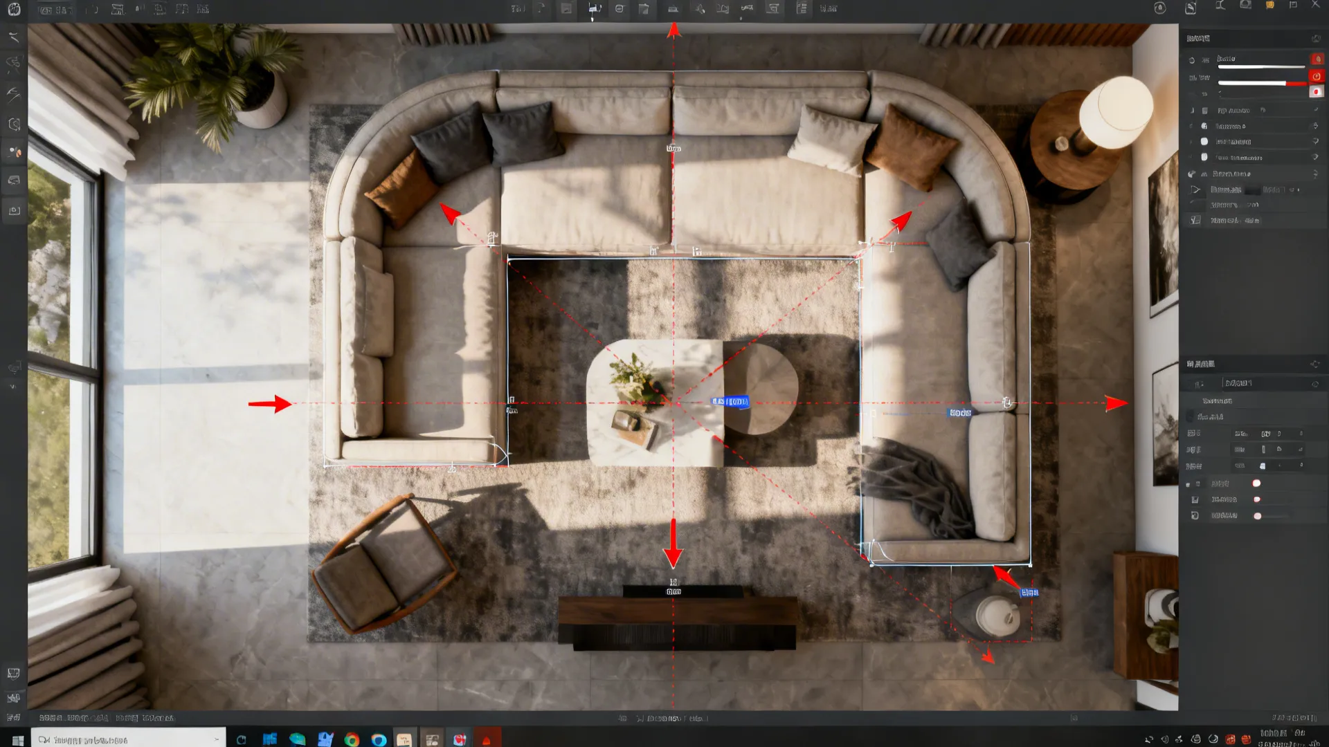 Top-down 3D planner view showing U-shaped sofa layouts, dimensions, and sightlines for small living rooms.