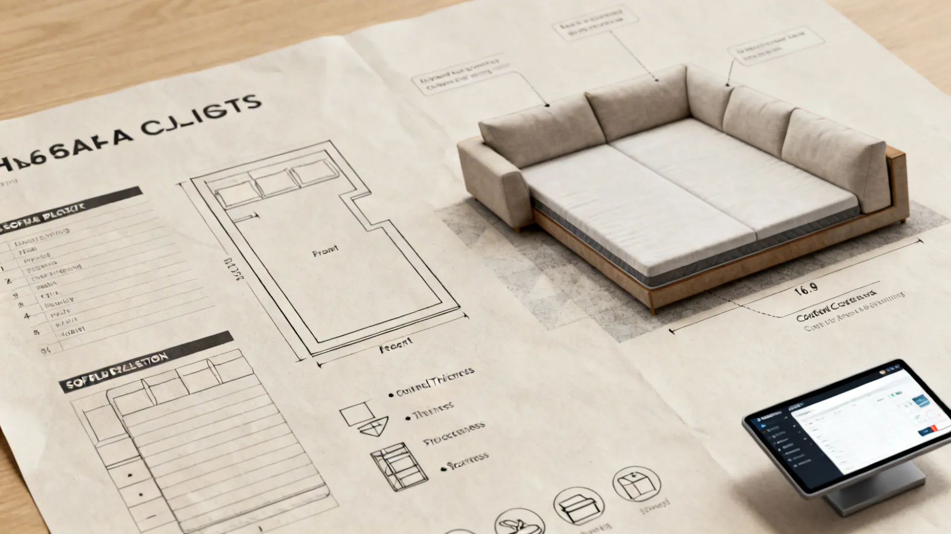 Interior design drawing of a sofa with measurements and layout on paper for furniture planning
