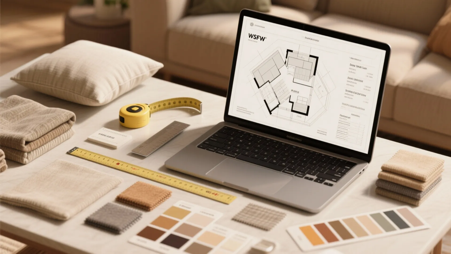 Laptop showing room layout design with measuring tape and fabric color samples on a table