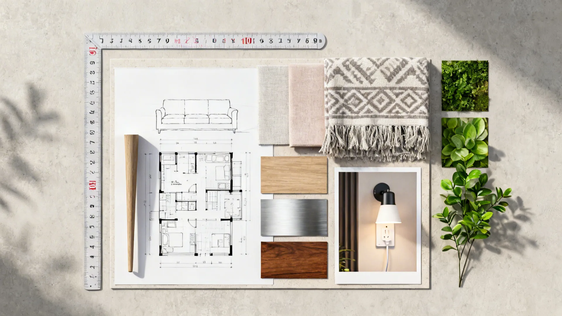 Flatlay moodboard with measuring tape, floor plan sketch, fabric swatches and material samples for fitting a large sofa.