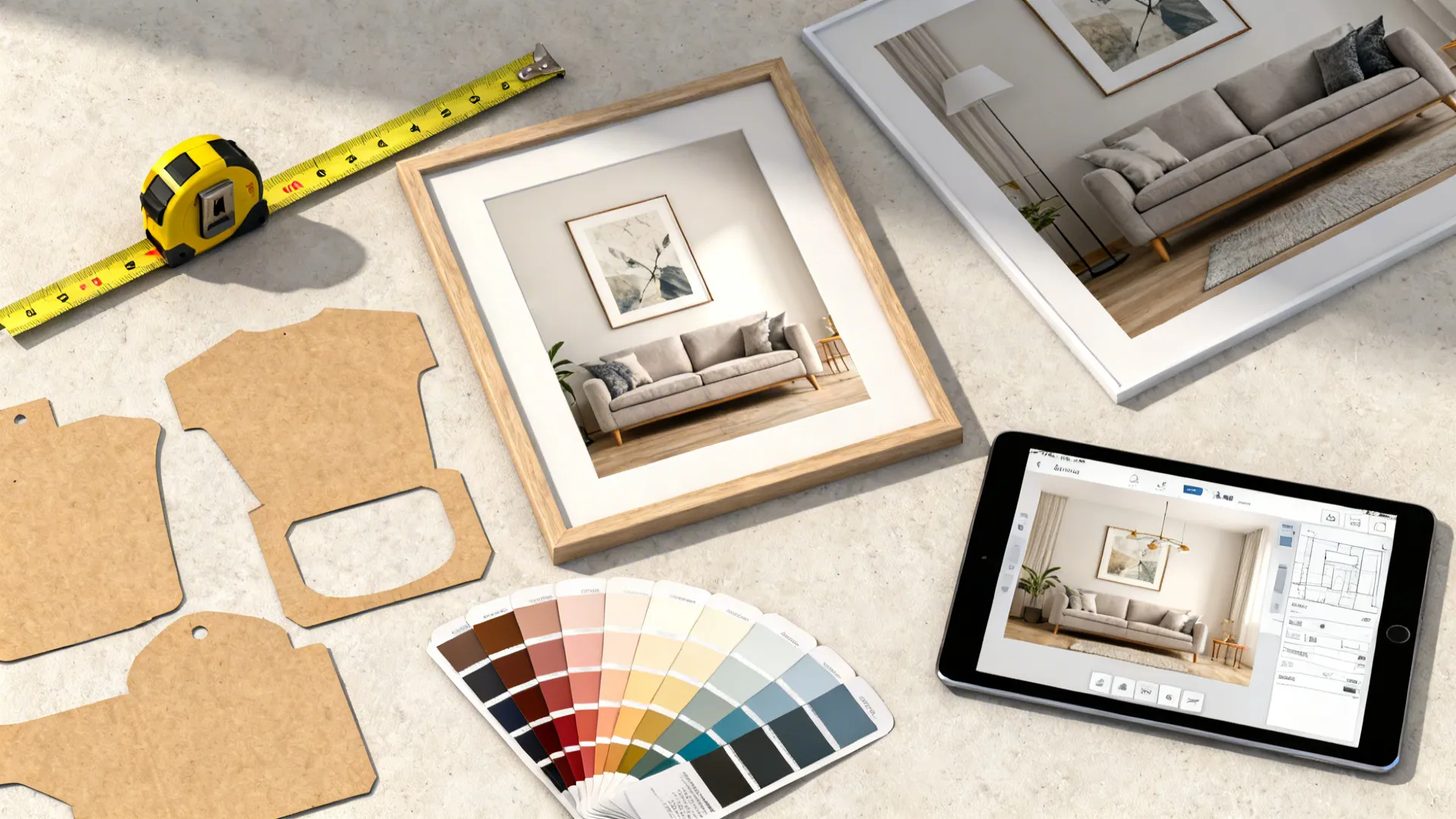 Interior design planning tools including tablet app, measuring tape, color samples, and room design photos