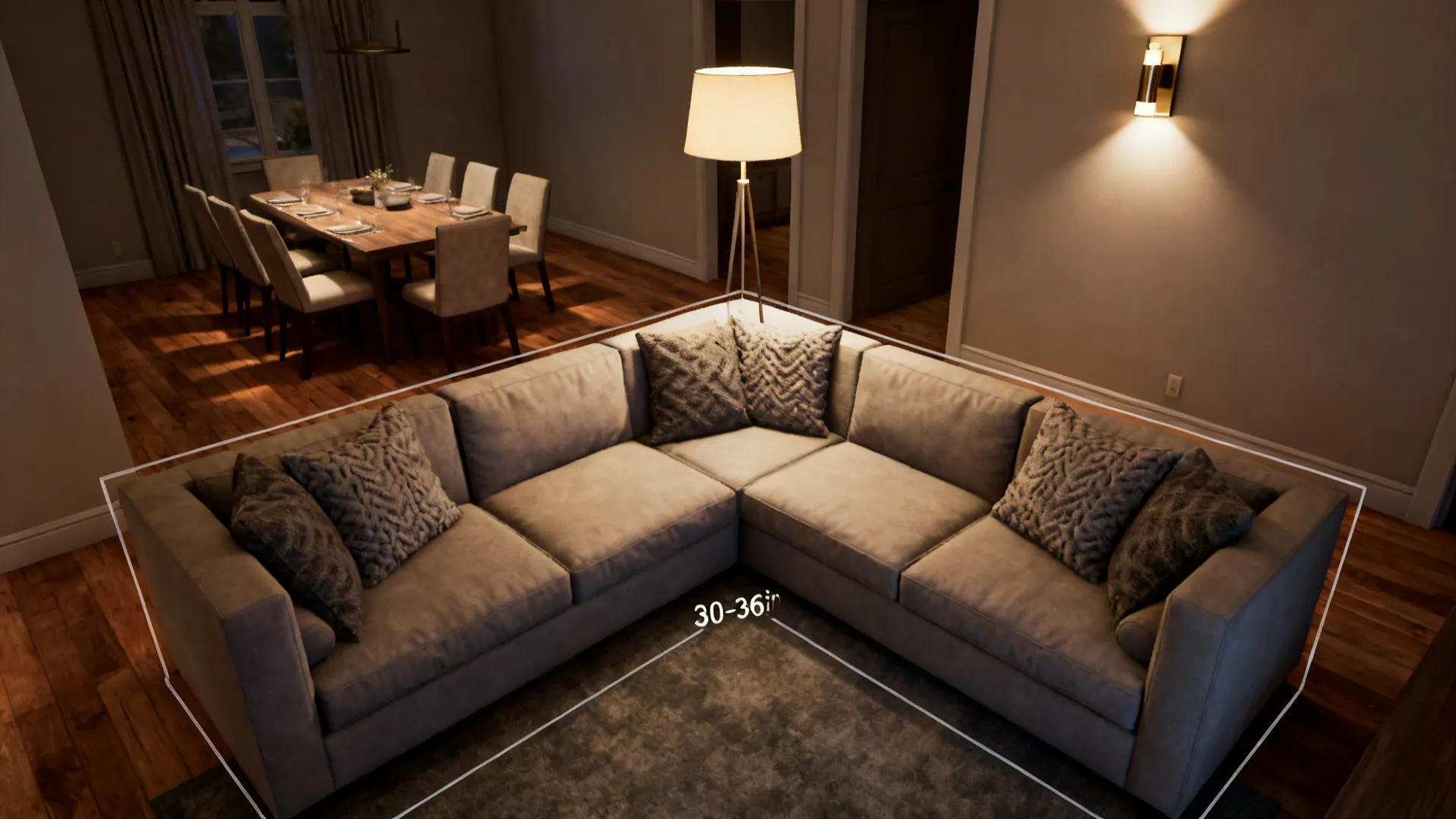Sectional sofa rotated to form a cozy living pocket with clear circulation to dining area.