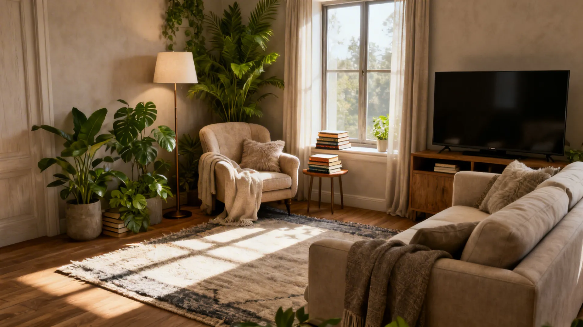 Living room with a sofa facing the TV and a separate reading corner by the window with an armchair and floor lamp.