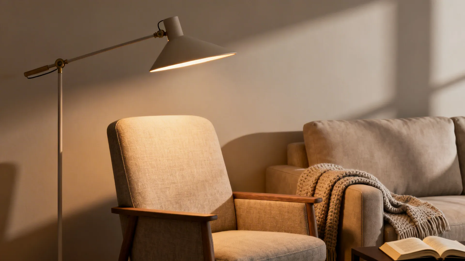 Floor lamp behind armchair casting warm reading light over a book