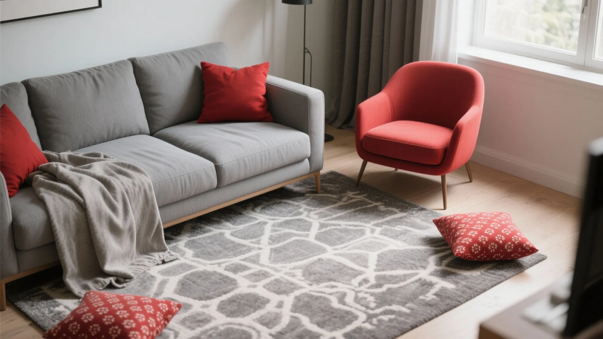1. Anchor with a soft grey sofa and red accents