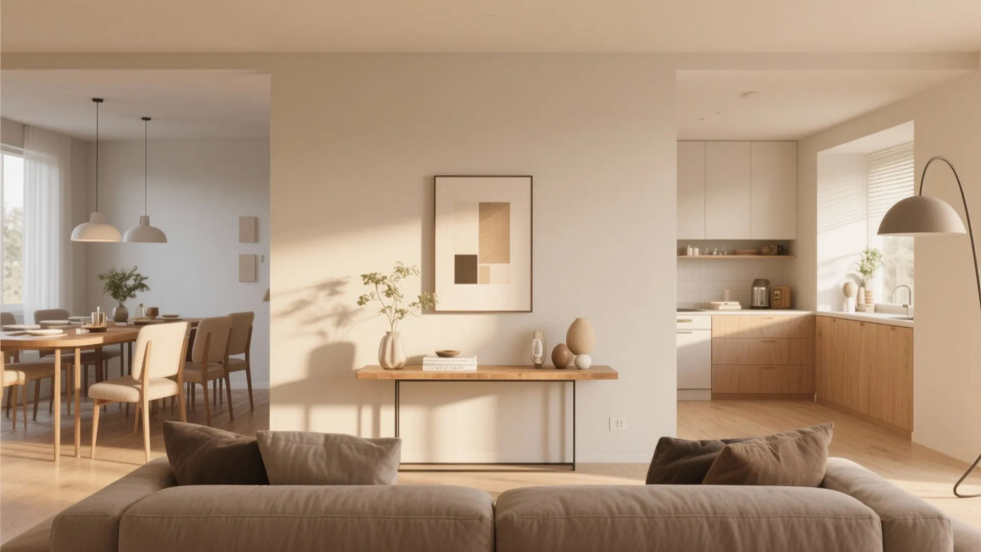 Modern open living room layout with sofa room divider between dining area and wooden kitchen