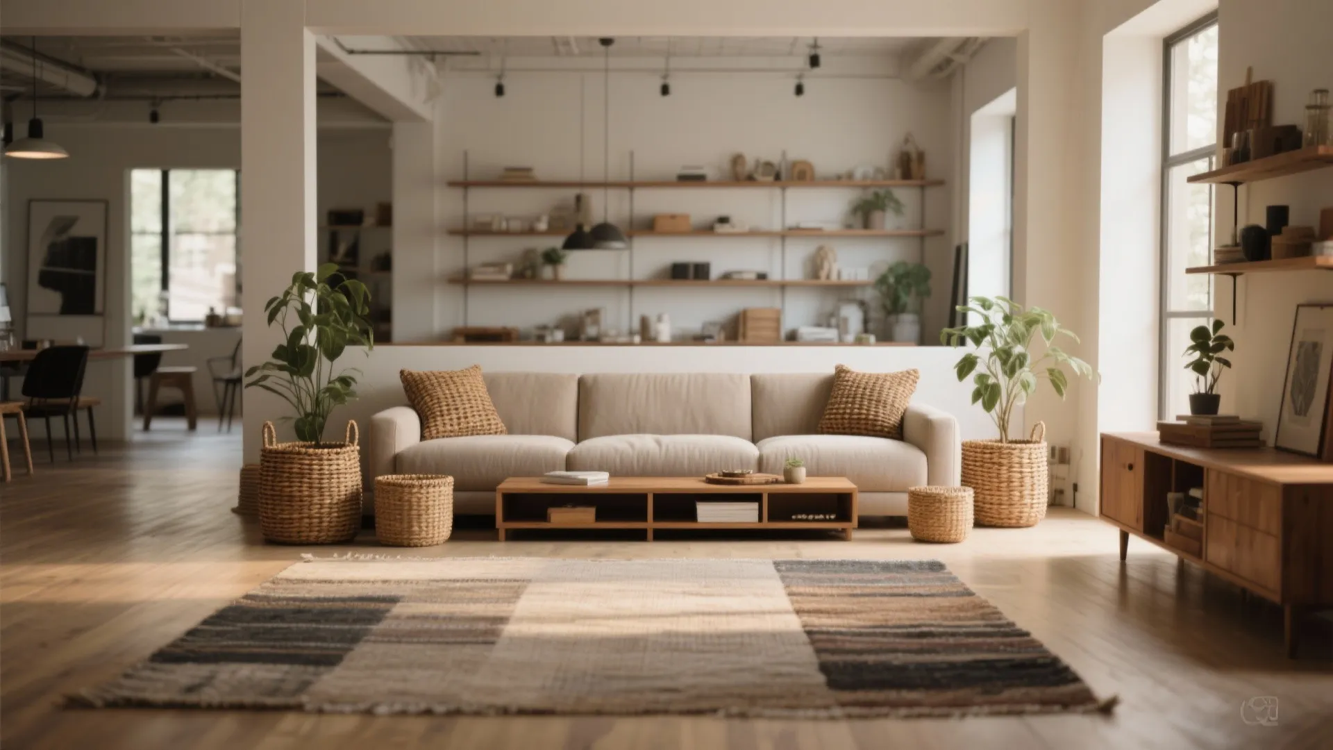 Use a sofa as a room divider with multifunctional pieces