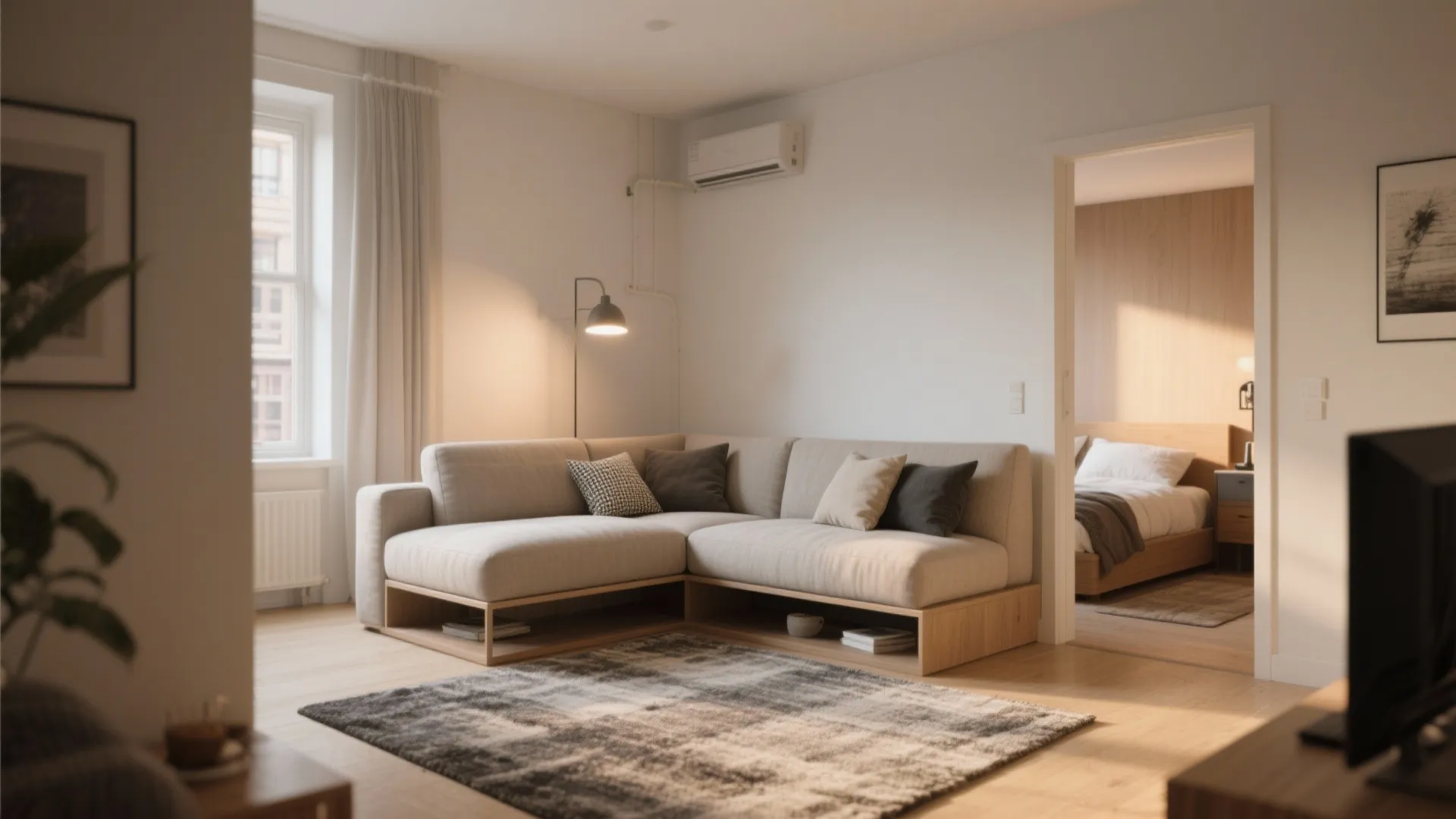 Light grey corner sofa in living room with rug floor lamp and open bedroom view