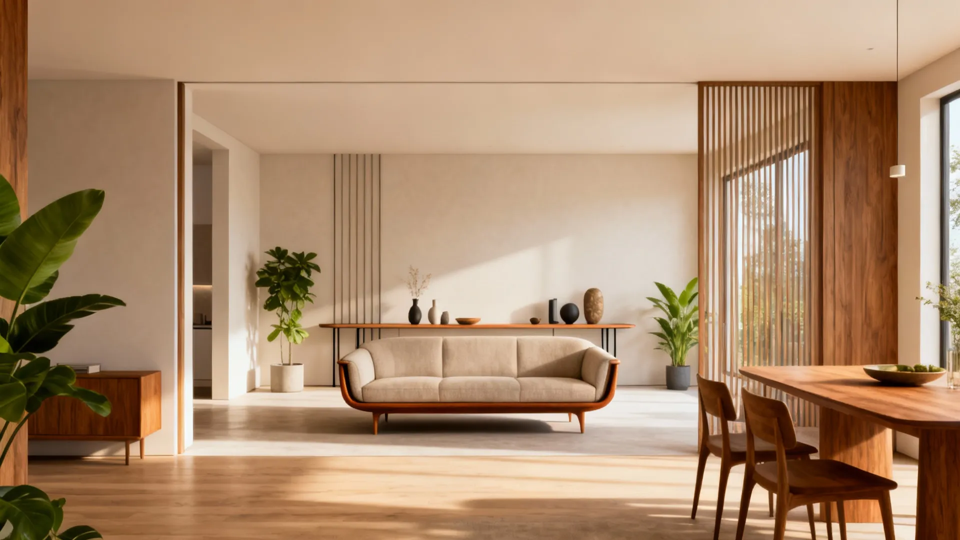 Open-plan space with a floating sofa acting as a subtle room divider and a slim console behind it.