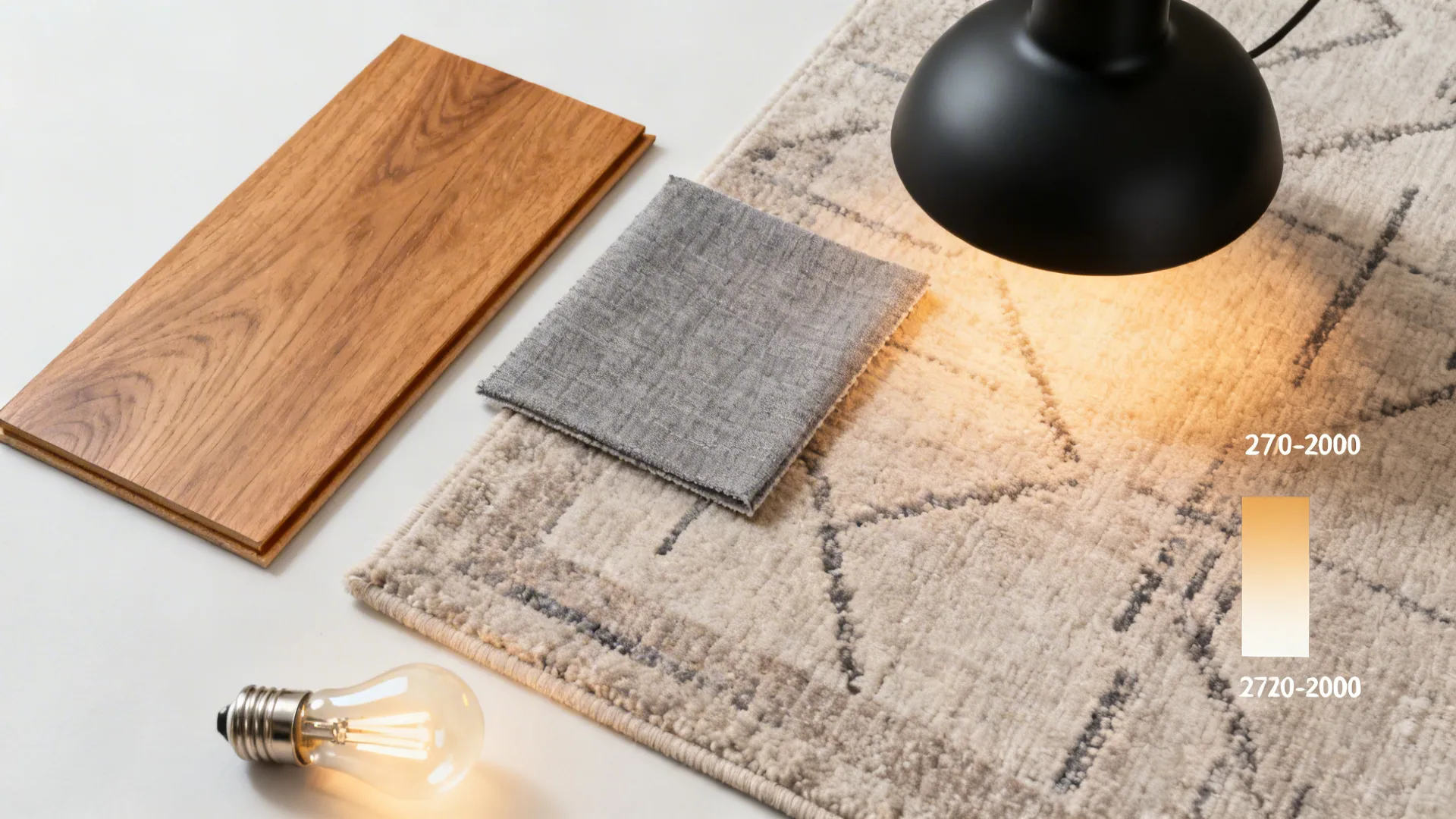 Flat lay of oak flooring, gray fabric, neutral rug, and matte black lighting finishes.