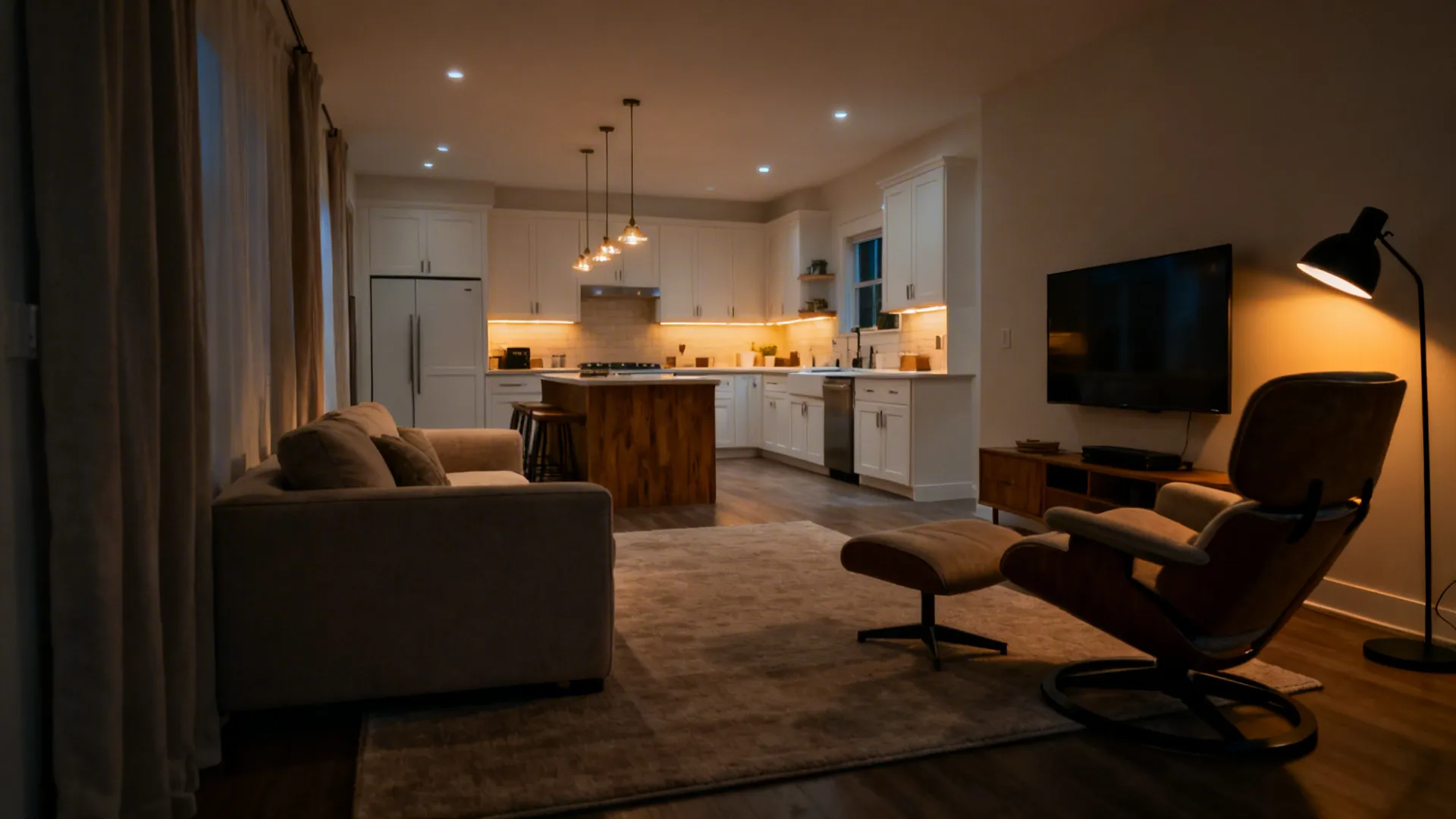 Open plan seating zone with oversized rug, swivel chair, and warm floor lamp near the kitchen.