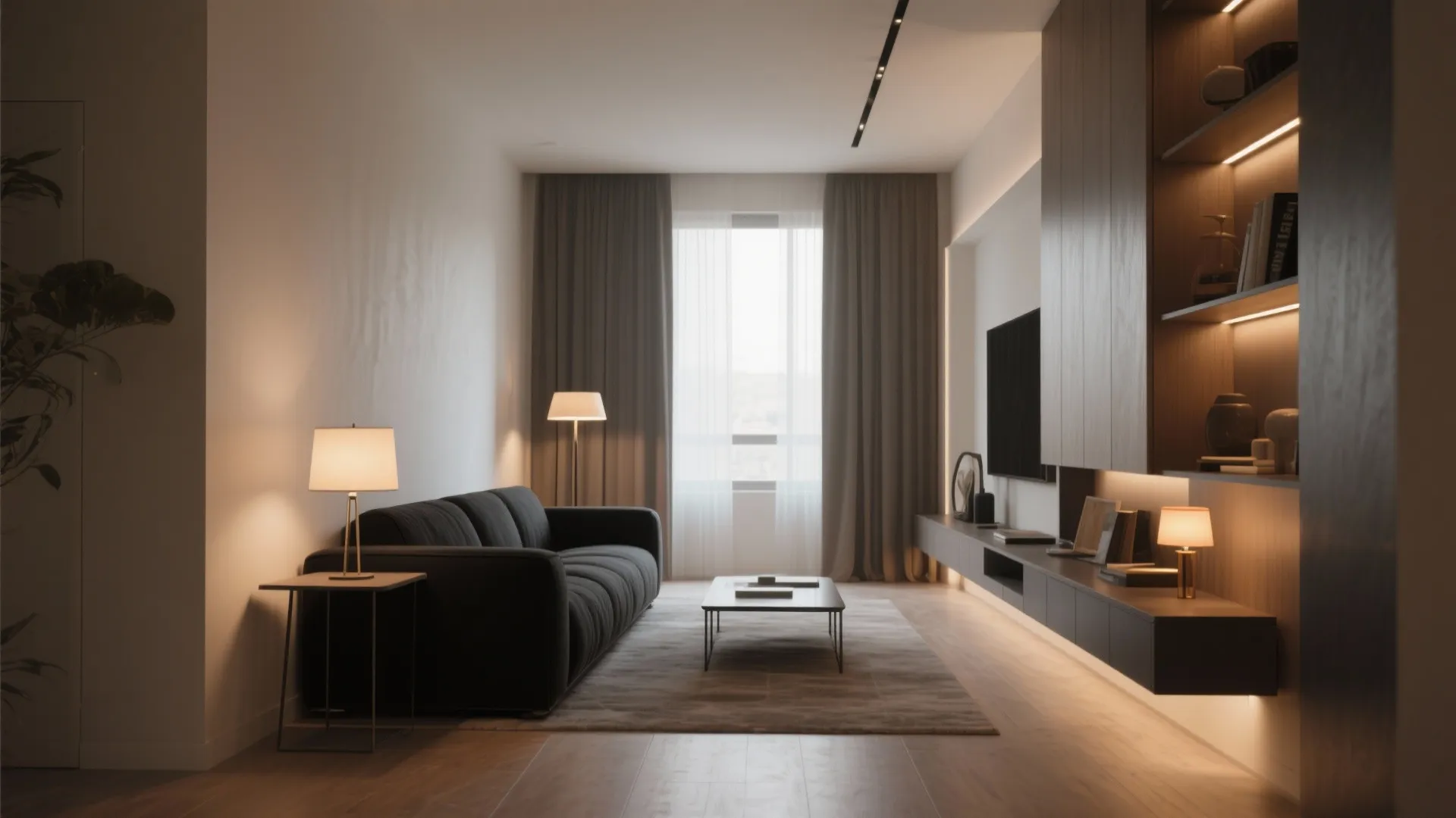 Narrow living room with a higher-seat black sofa, slender console, floor lamp and vertical storage.