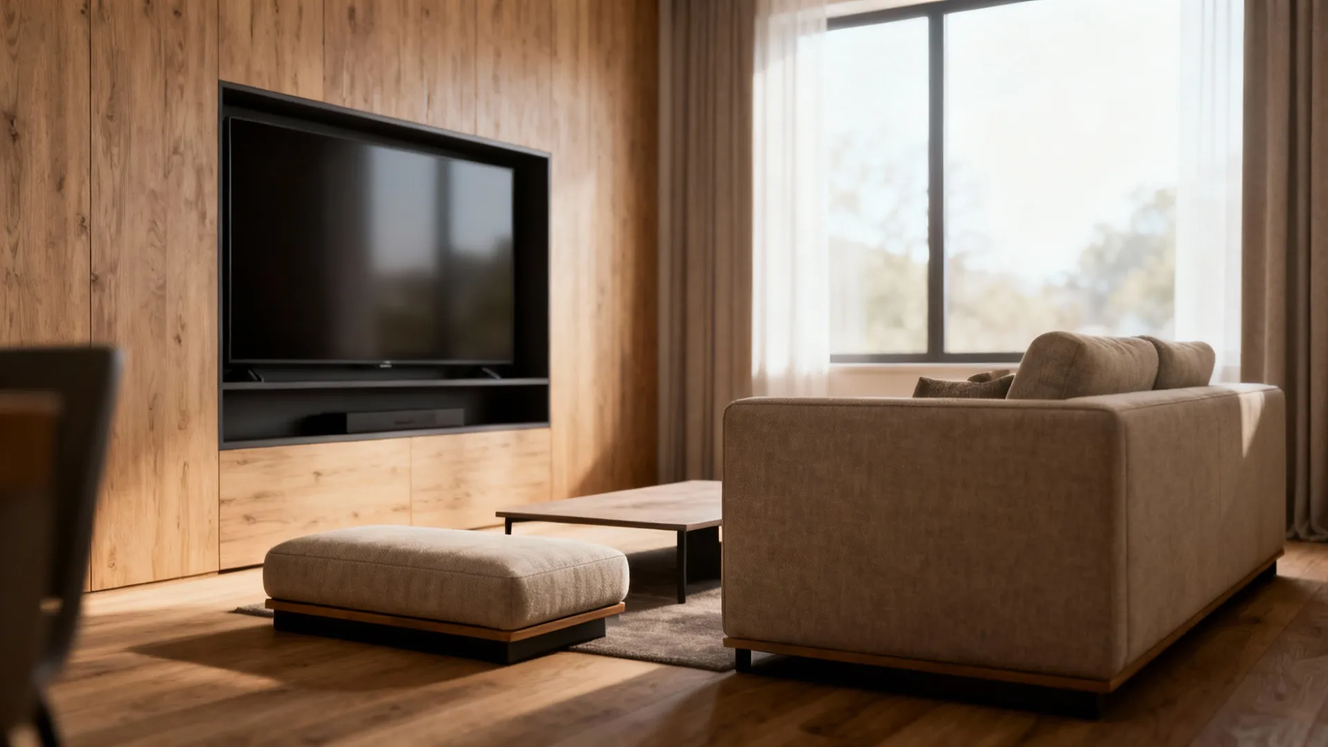 Compact living room focusing on a shallow 80–95cm deep sofa and clear sightlines to the media wall.