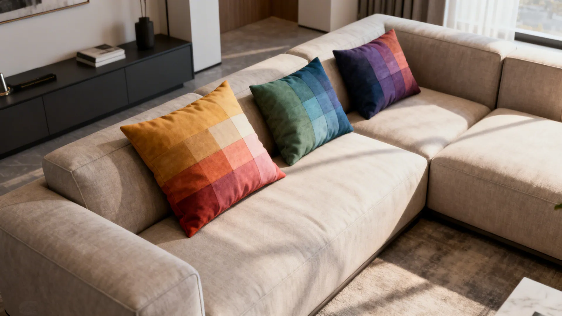 Comparison of compact sofa with three larger pillows and a sectional with repeating clusters to show scale strategies.
