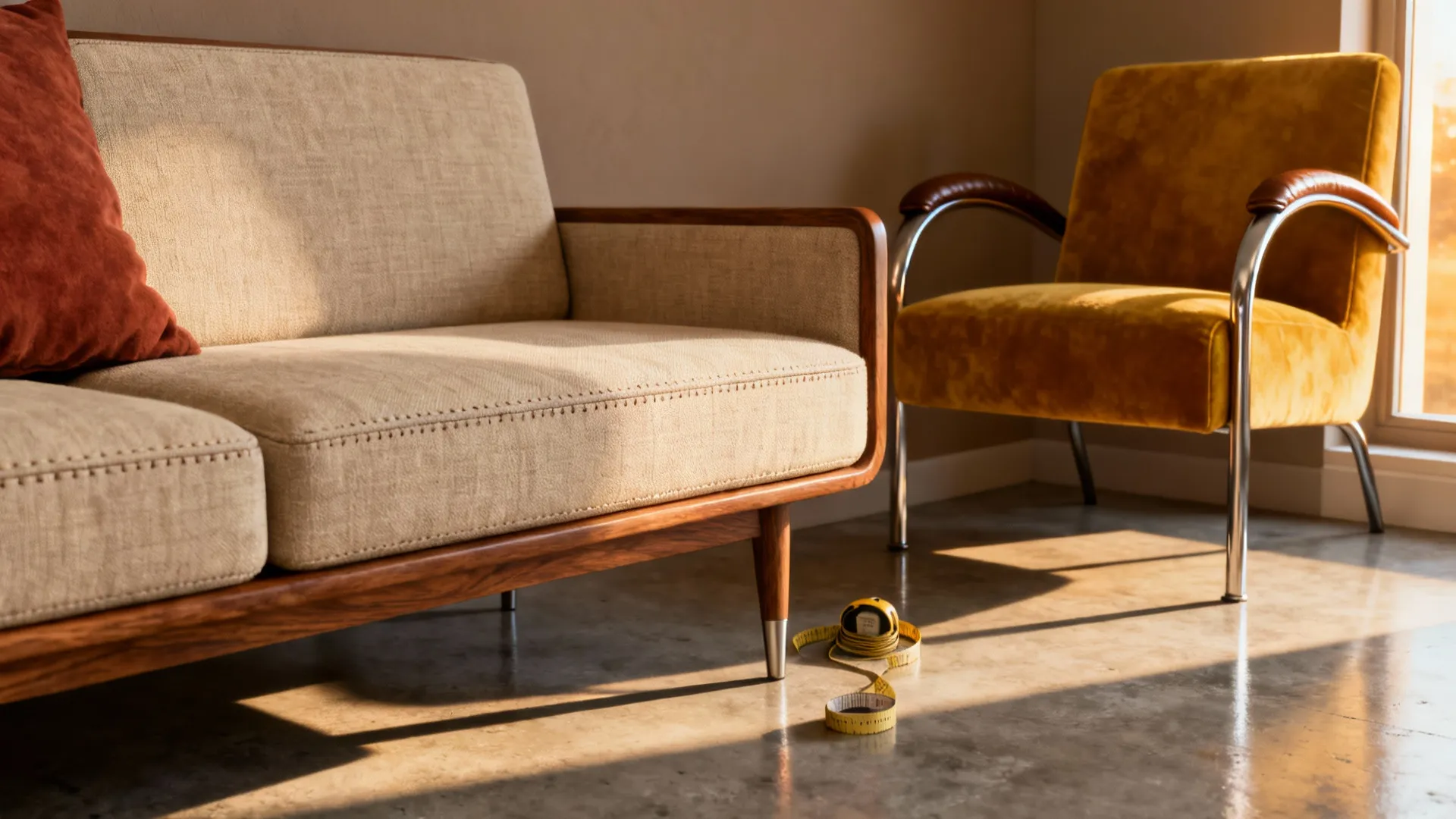 Beige sofa and yellow velvet chair with measuring tape on the concrete floor in sunlight