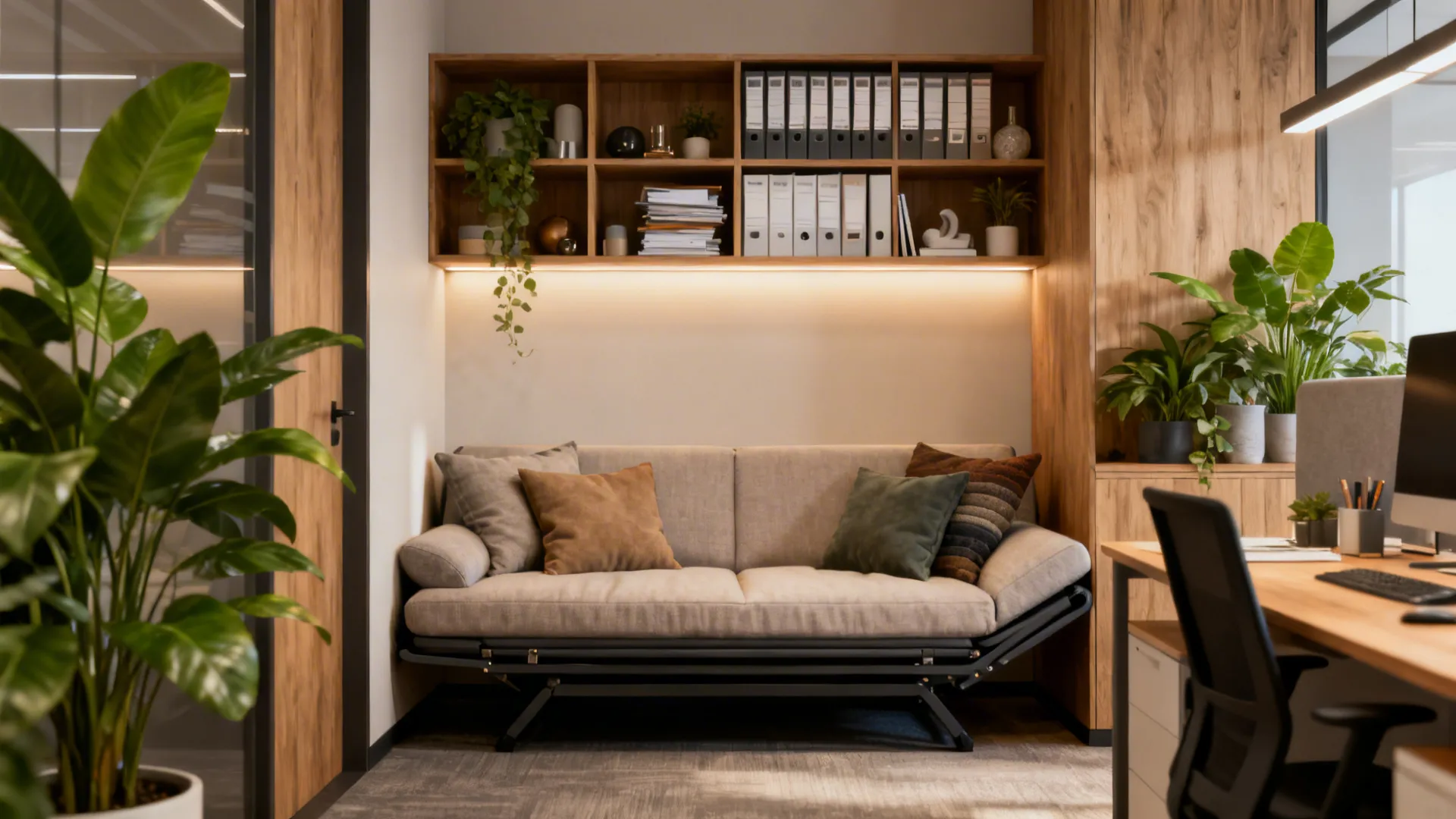 Modern office room with grey sofa, wooden wall shelving, green plants, desk, and computer setup