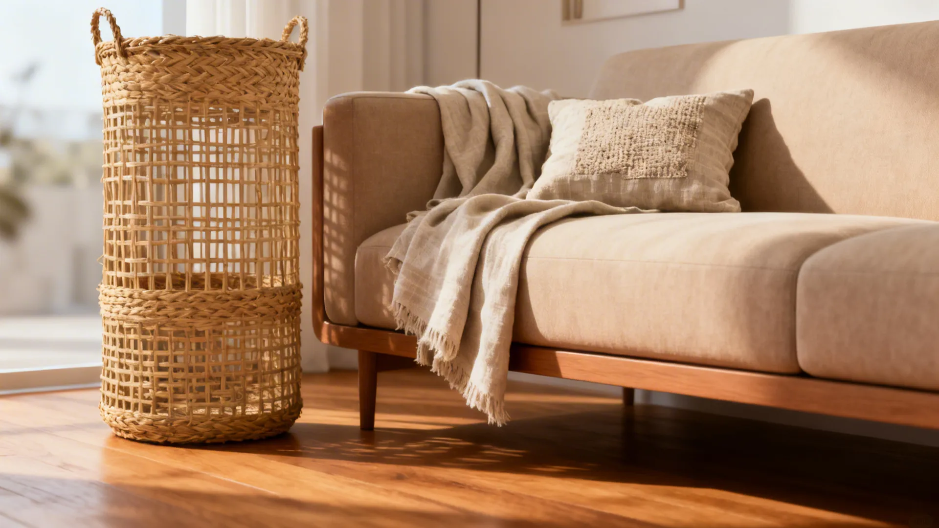 Tall woven storage basket placed next to a beige sofa with blanket and throw pillow