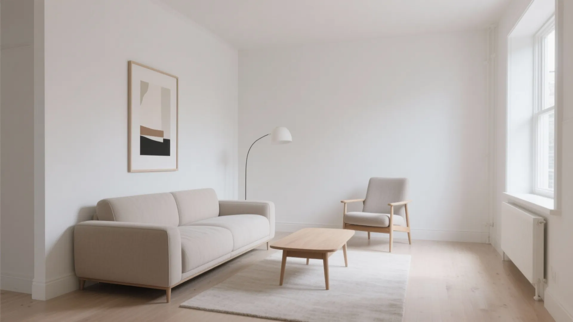 Minimalist white living room with beige sofa wooden coffee table floor lamp and comfortable chair