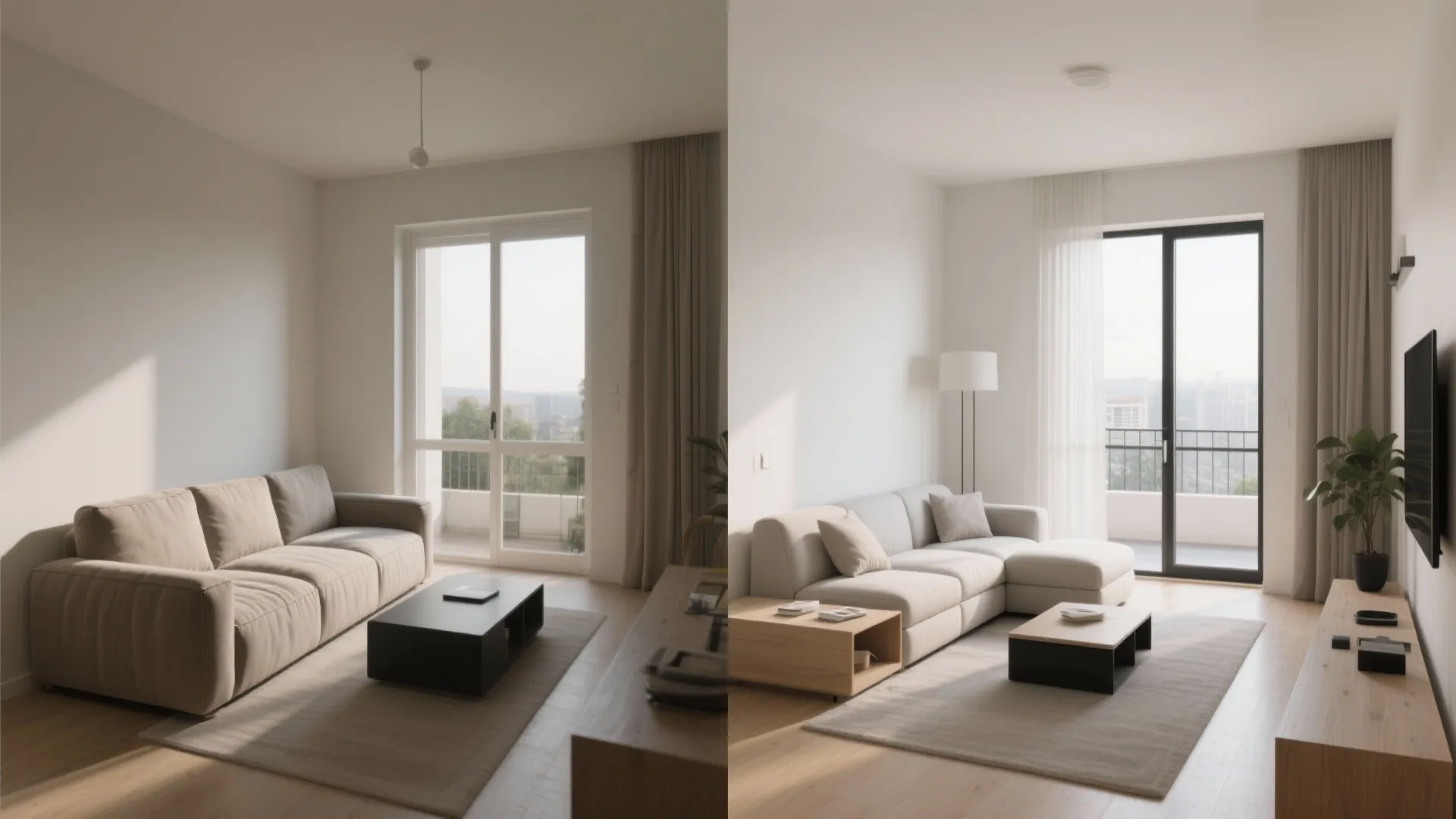 Before and after comparison showing sofa layout changes in a bright modern living room interior