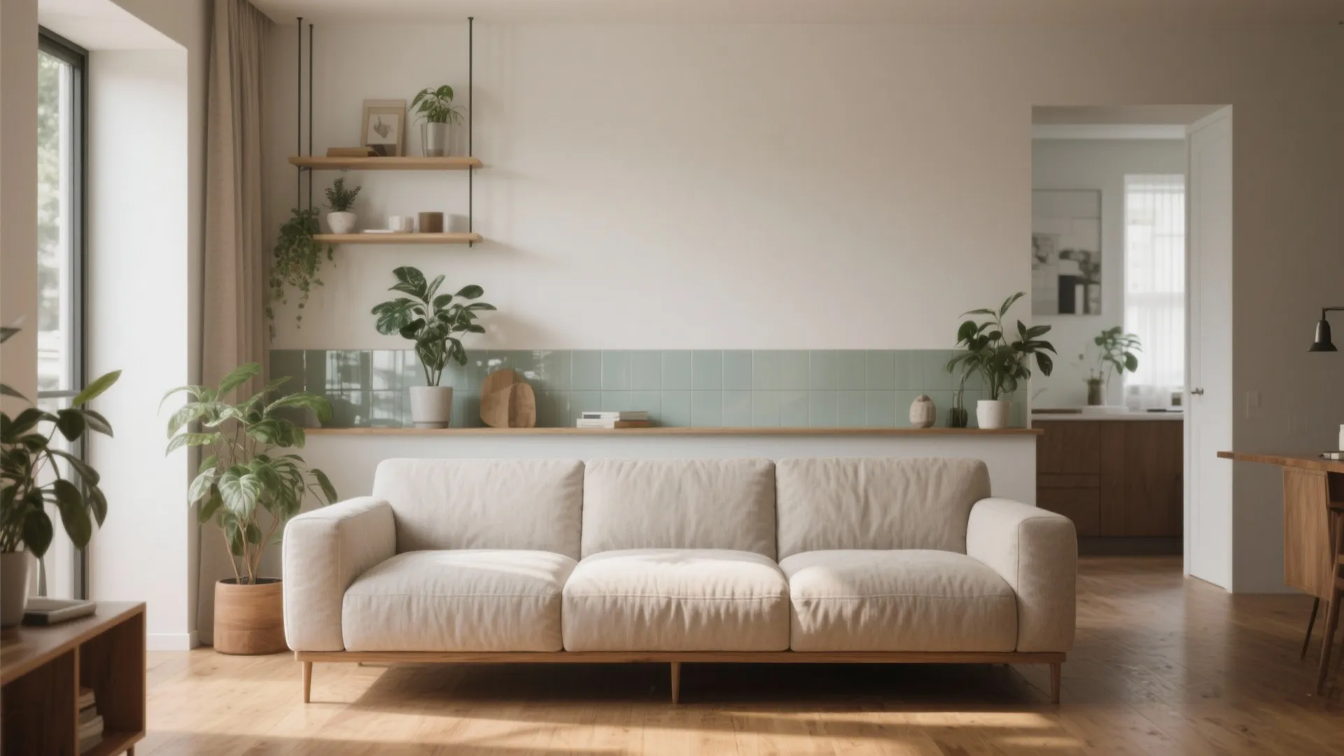 Large beige sofa against white wall with wooden shelves green plants and bright window light