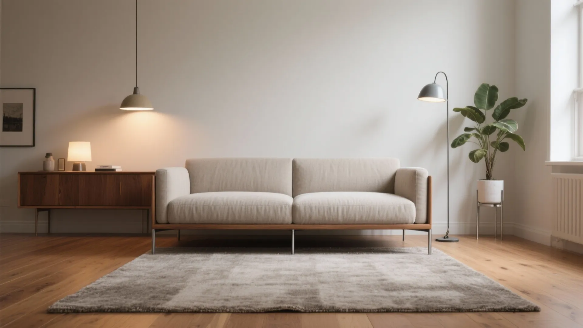 Minimalist living room featuring beige sofa wooden floor grey rug floor lamp and potted plant