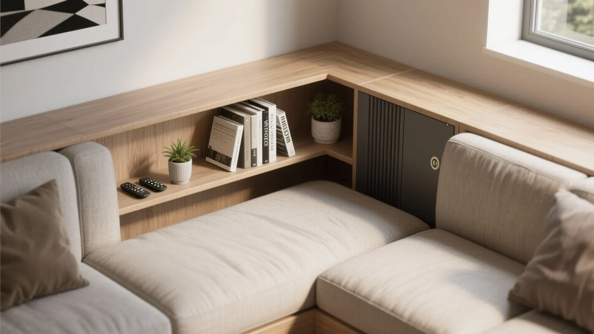 Beige sectional sofa with built-in wooden shelf holding books, small plants, and a storage cabinet