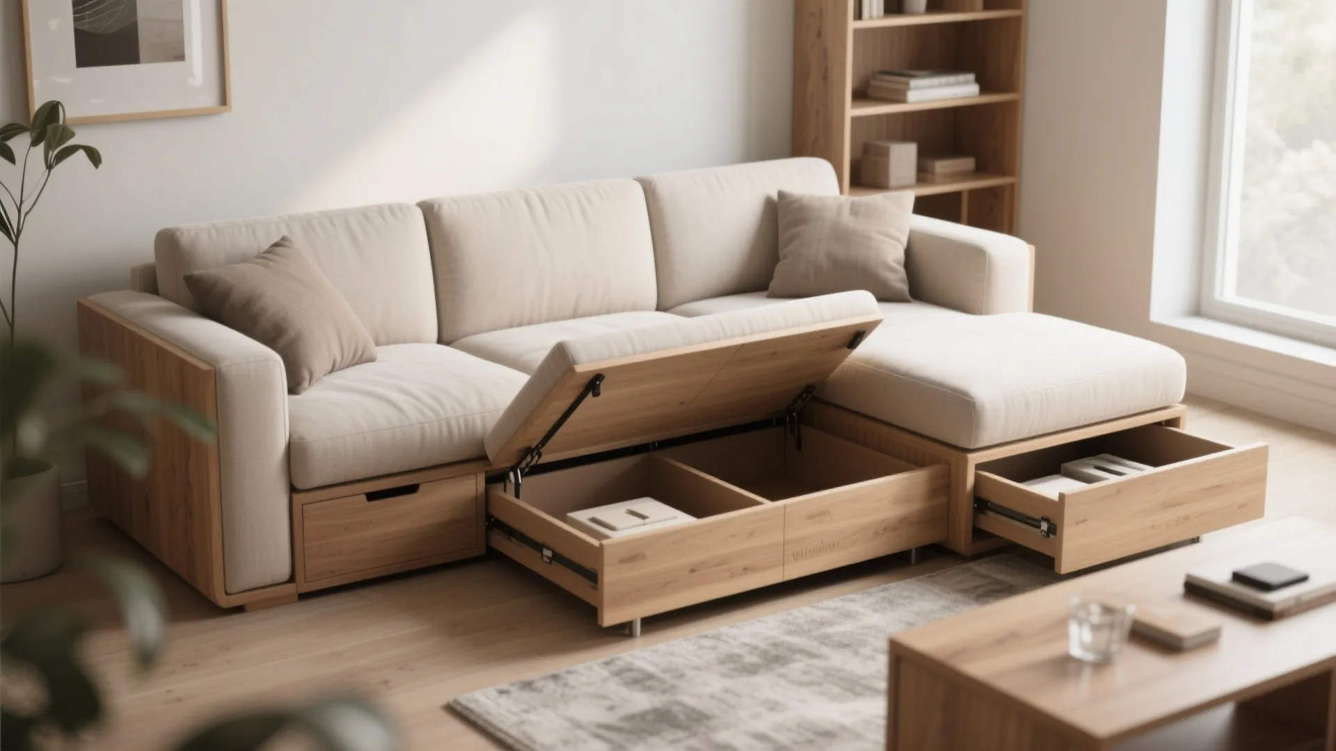 Multi-functional sofa with lifted ottoman and open drawer showing hidden storage, balanced with light upholstery and open shelving.