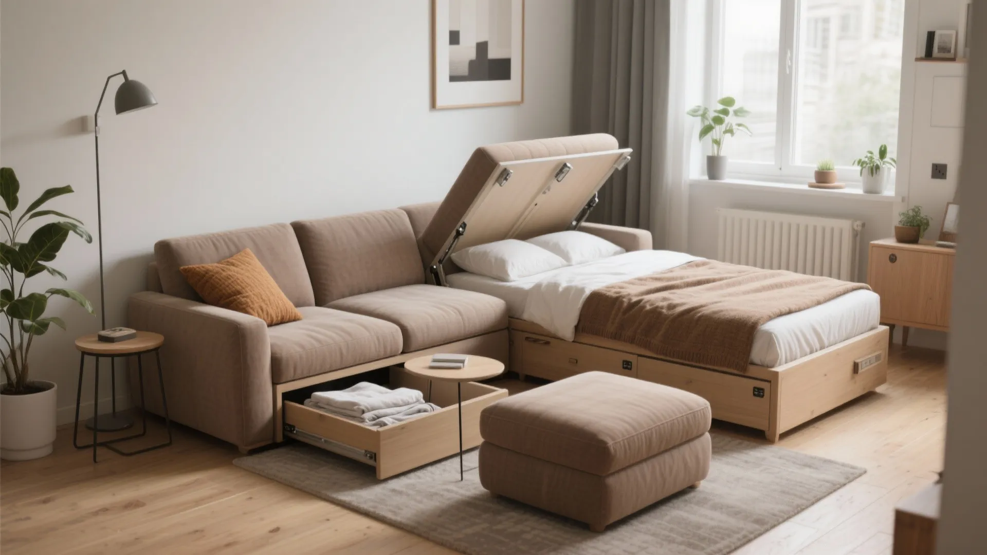 Modern brown sofa bed with built in storage drawers and lift up mattress in apartment