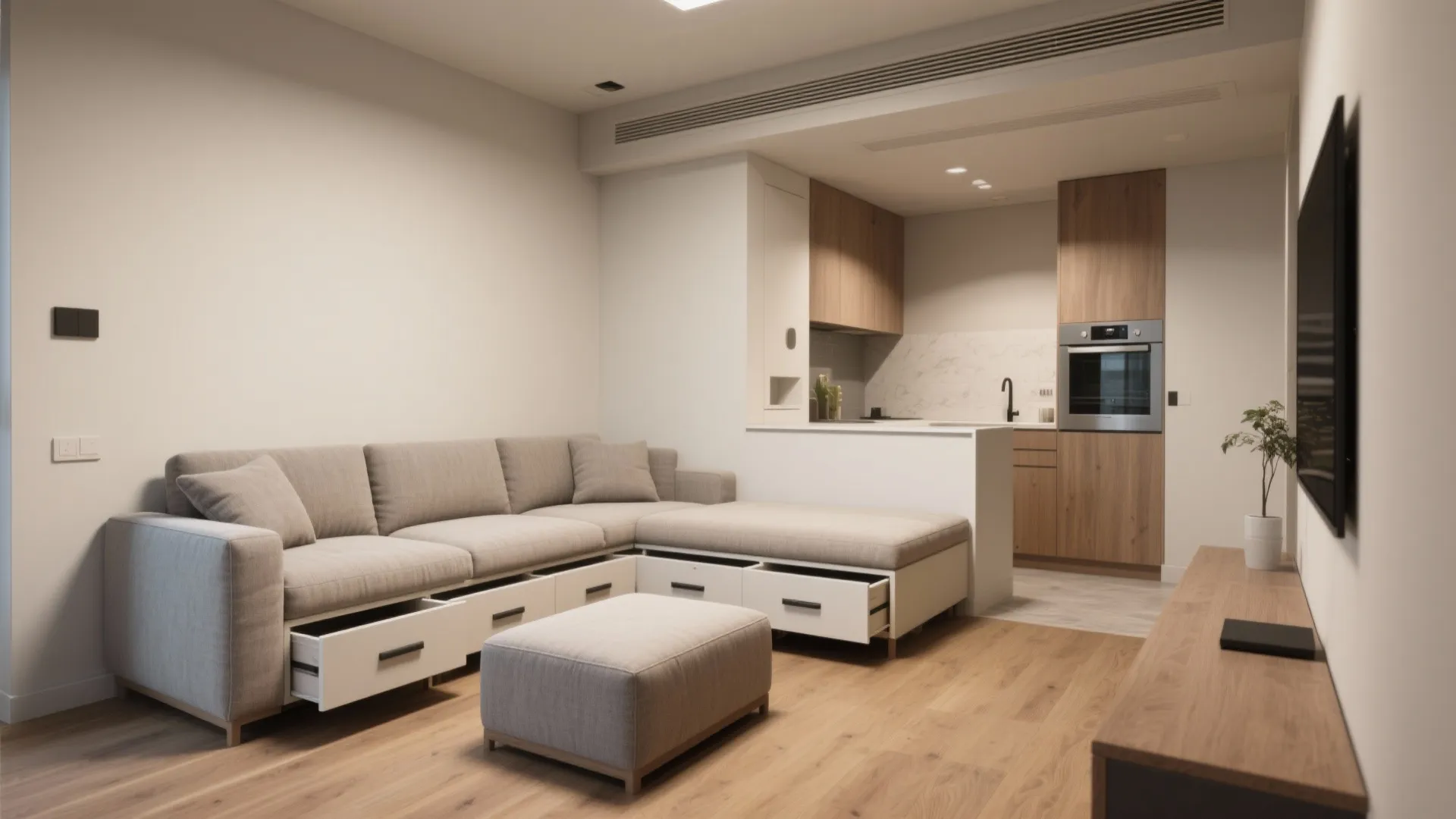 3. Integrate storage beneath and around the sofa