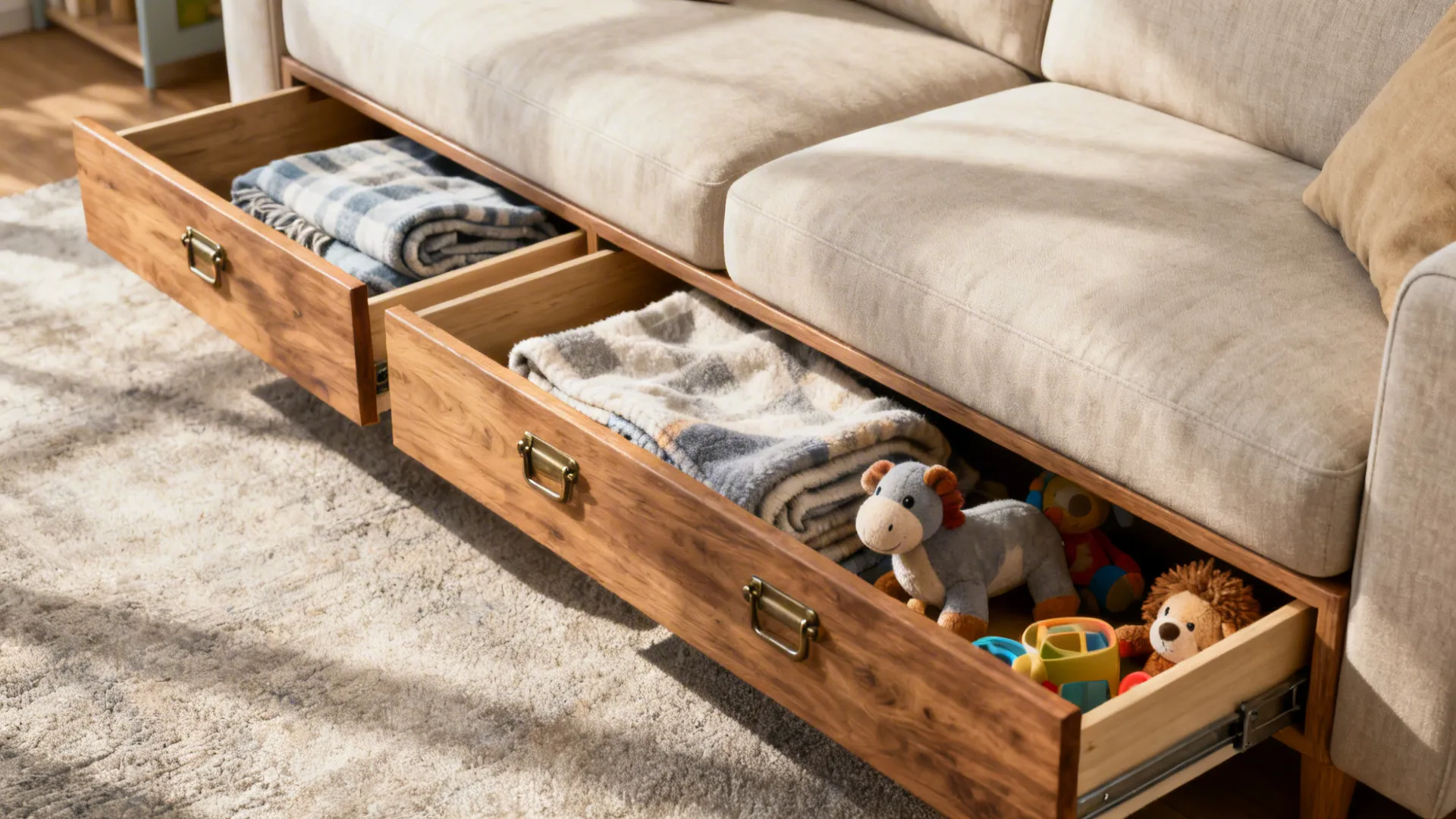 Slim sofa with under-seat drawers open, showing organized storage in a small living area.