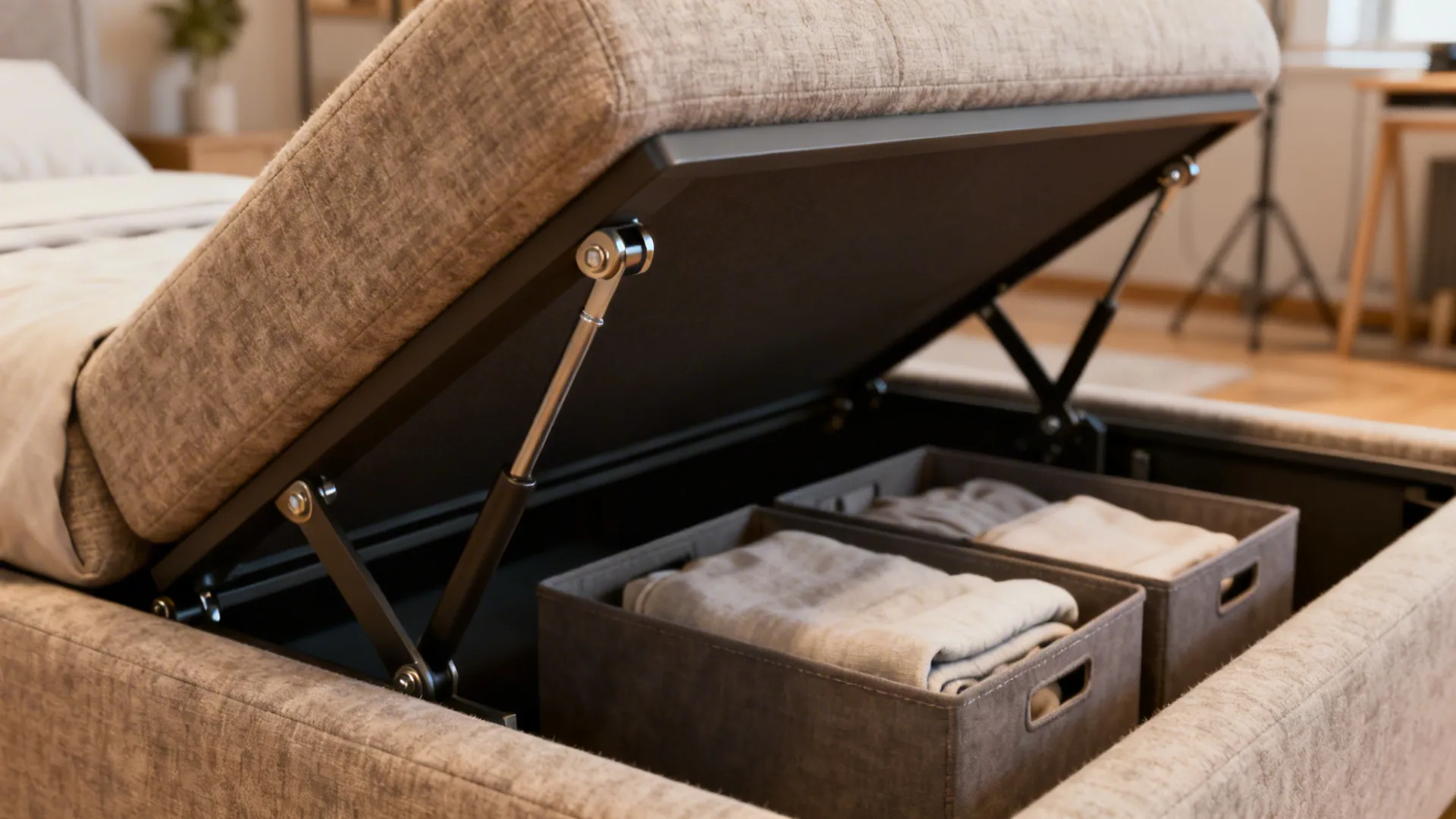 Convertible sofa-bed with under-seat storage neatly organized with linens.
