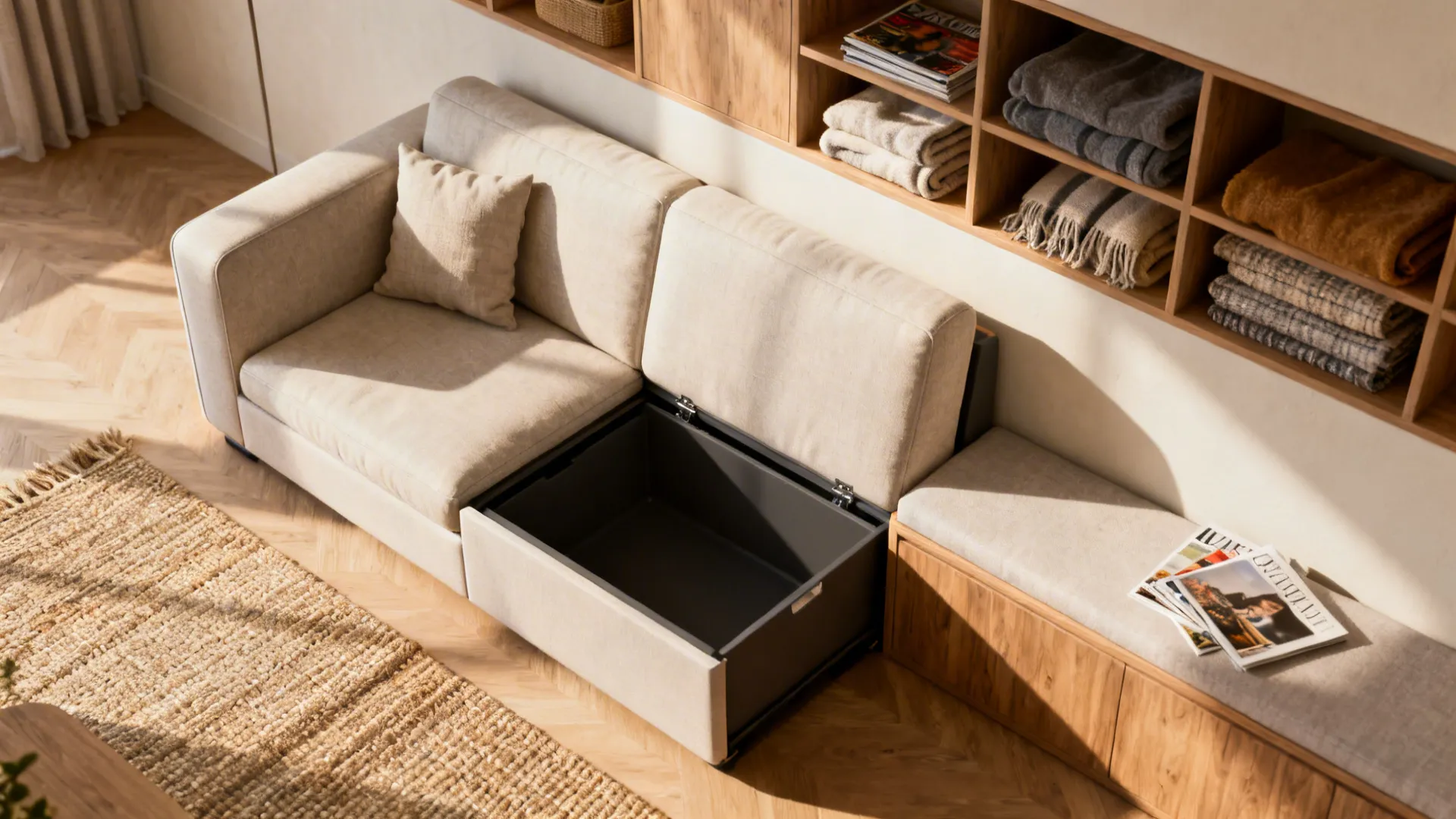 Compact sofa with under-seat storage and a narrow storage bench with shelving above