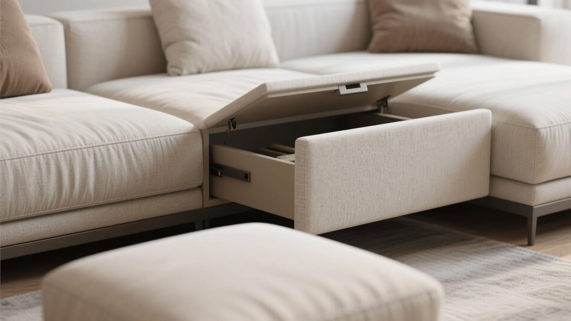 Modern cream sofa featuring a hidden storage drawer and a footrest in a bright living room