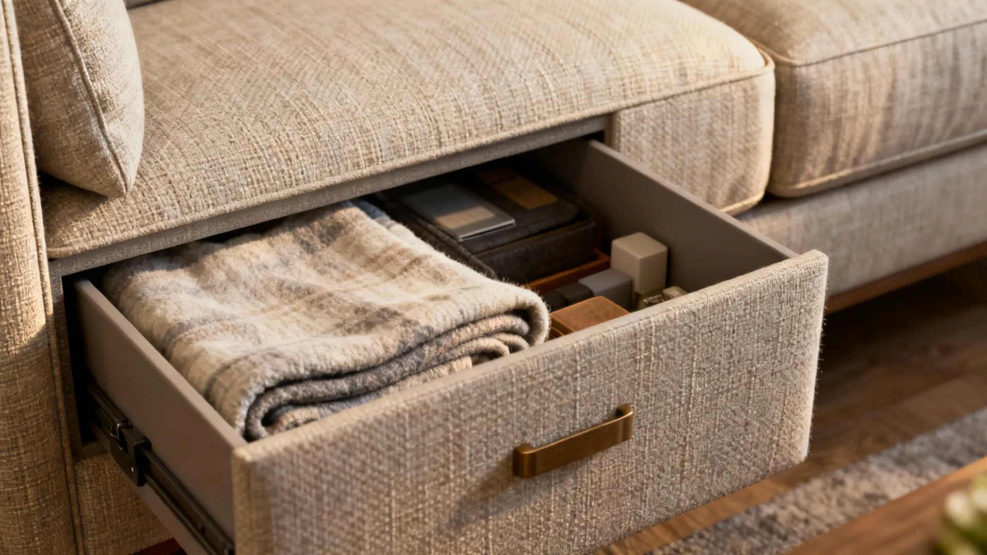 Close-up of a sofa's built-in storage drawer holding blankets, showing upholstery texture.