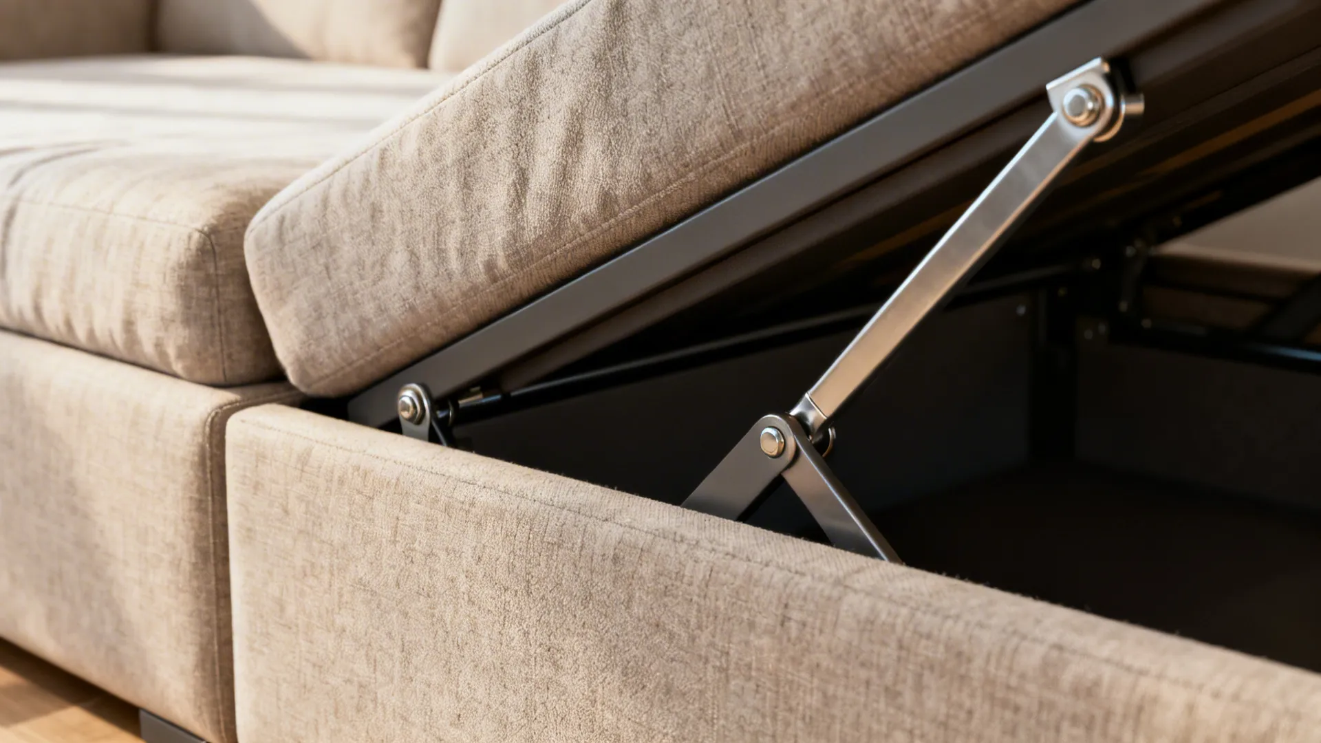 Close-up of a modern sofa with integrated storage and visible pull-out mechanism in warm neutral fabric.